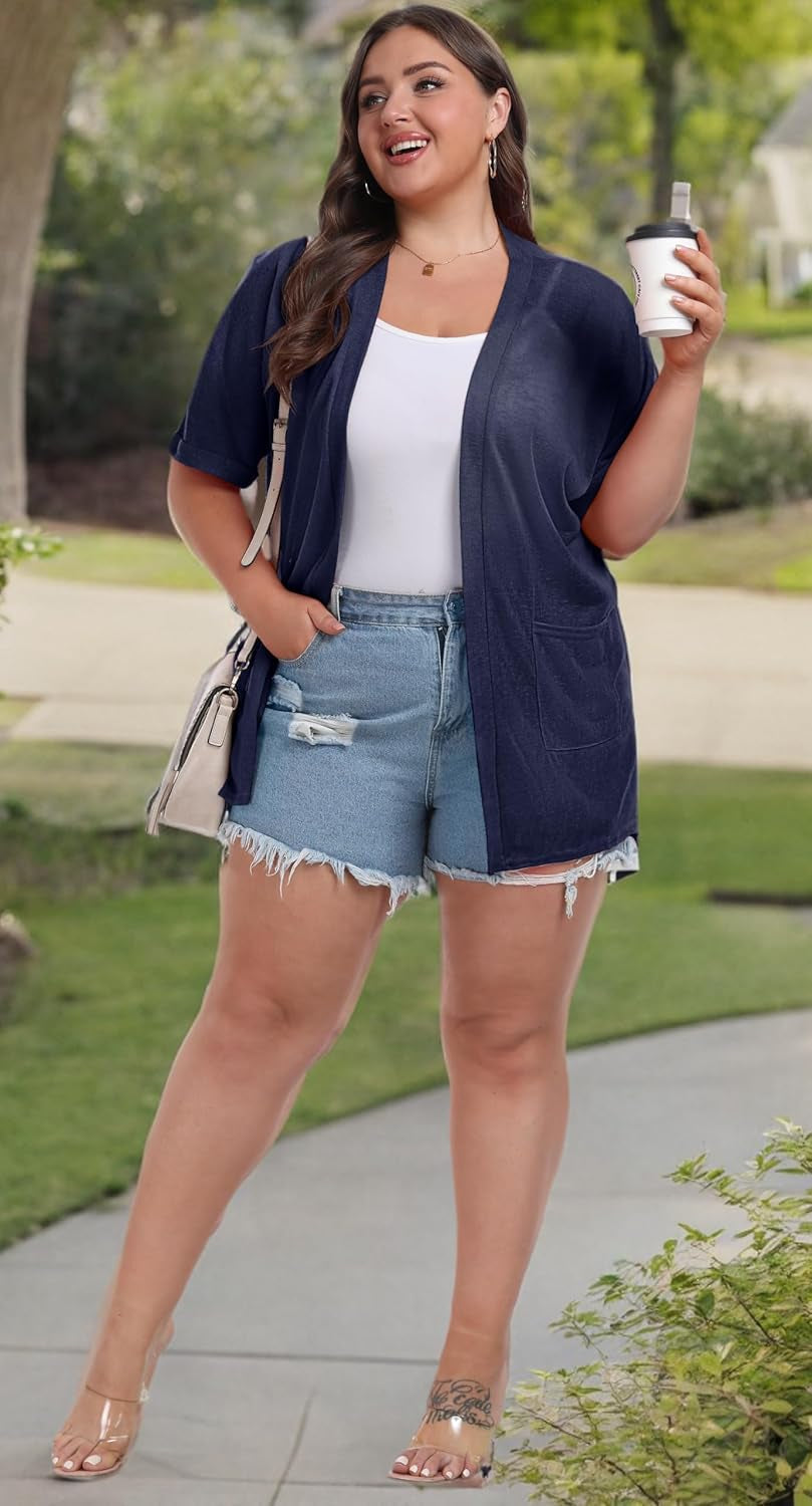plus Size Lightweight Cardigan for Women Summer Sheer Short Sleeve Cardigan with Pockets Beach Cover Up