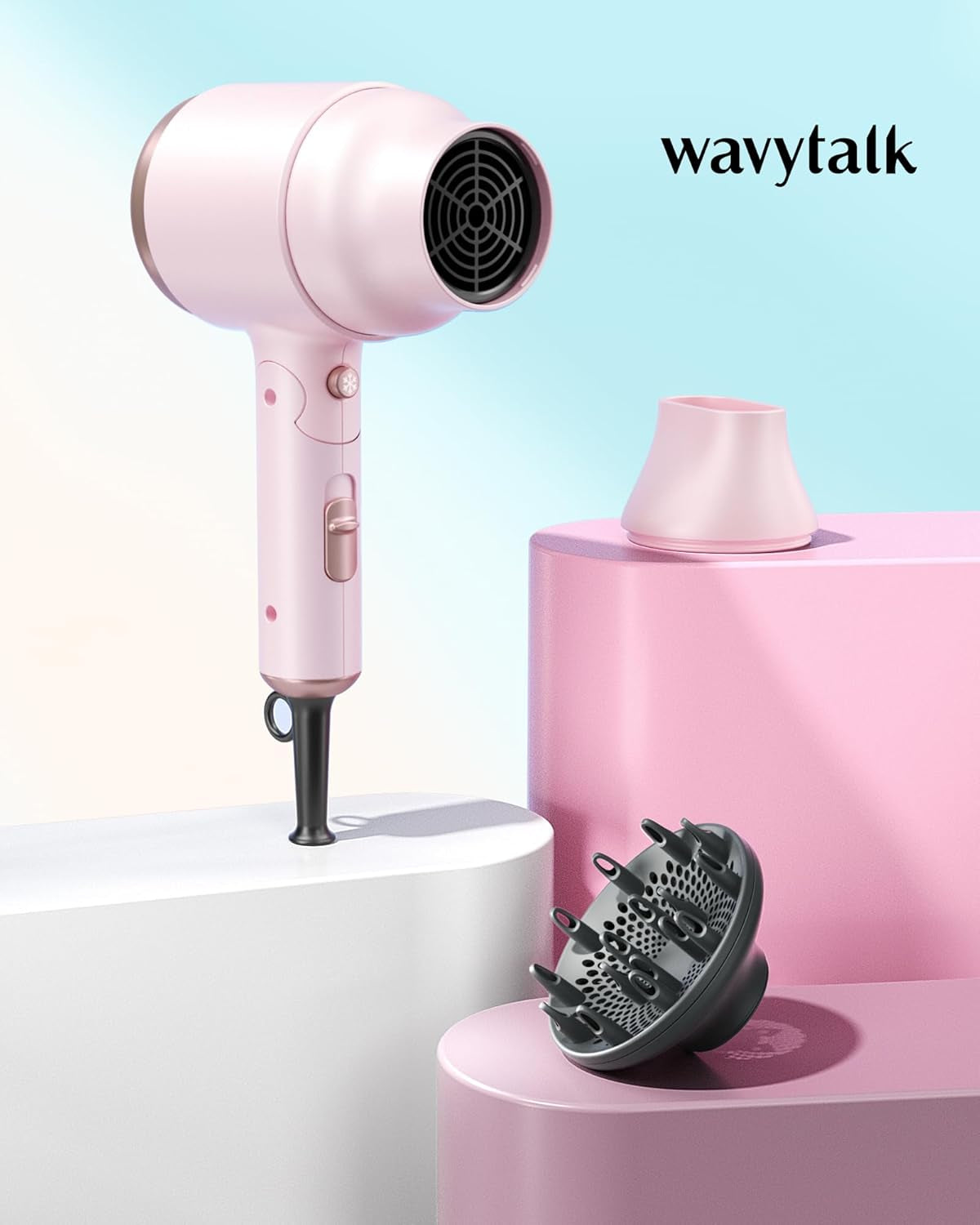 Blow Dryer with Diffuser, Mini Hair Dryer with Folding Handle, 1600W Quiet Lightweight Hairdryer with Diffuser Compact Design, Pinky White