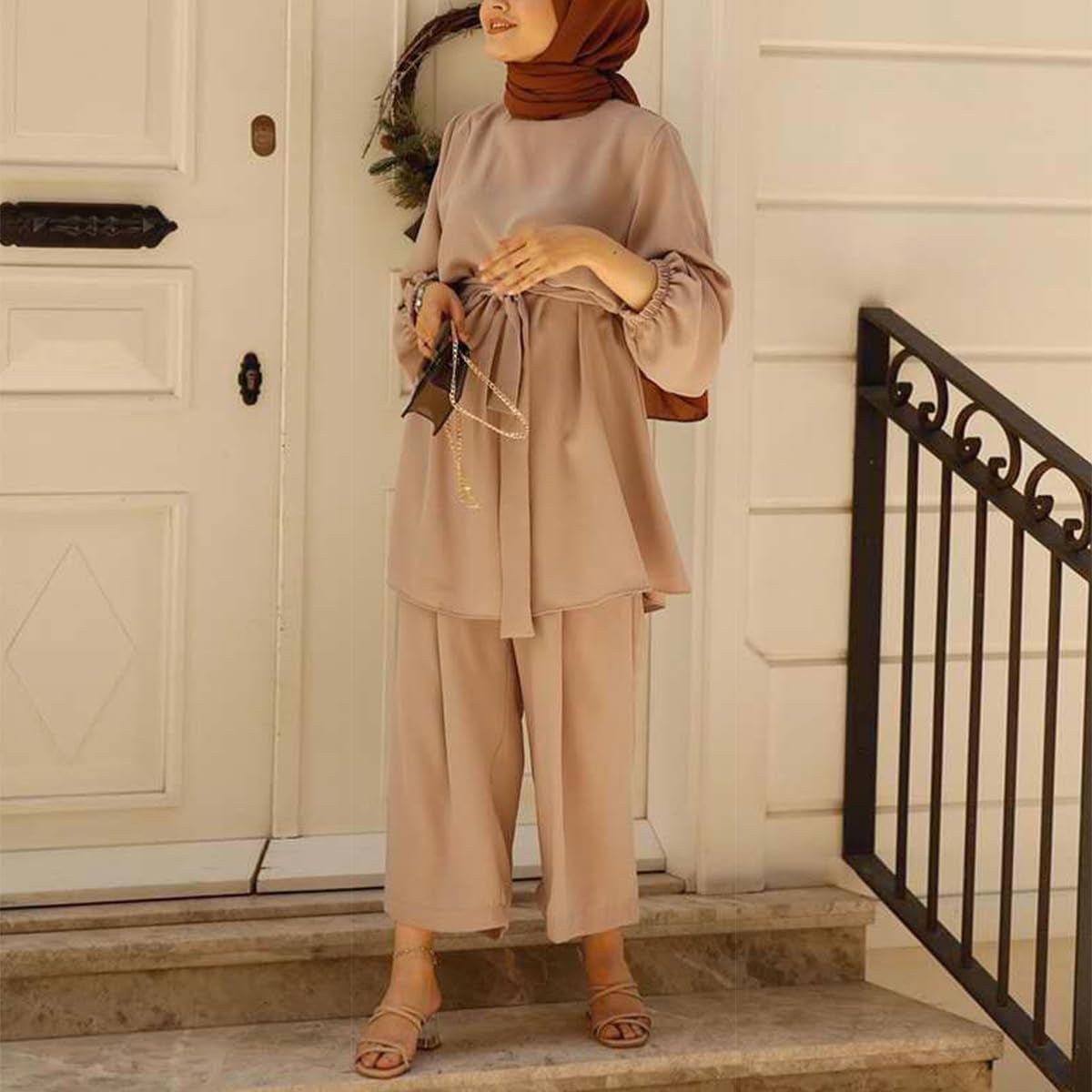 Abayas for Women Muslim Long Sleeve Loose Top Pants 2 Pcs Dubai Islamic Muslim Clothes