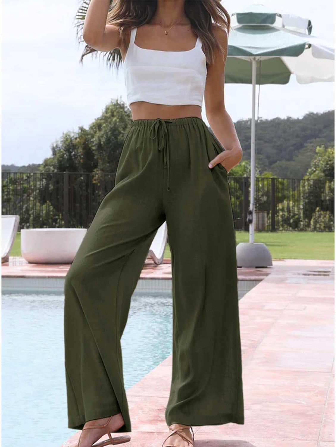 Womens Cotton Linen Palazzo Pants Drawstring Elastic Waist Casual Wide Leg Trousers with Pockets