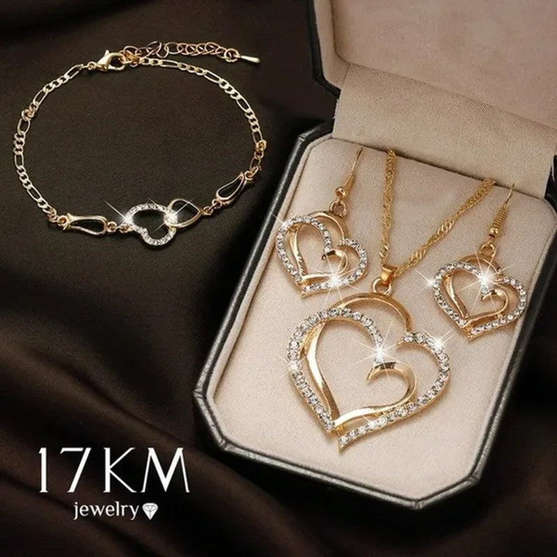 Classic Diamond Crystal Heart Pendant Necklace and Earrings Set Wedding Party Jewelry Set for Women