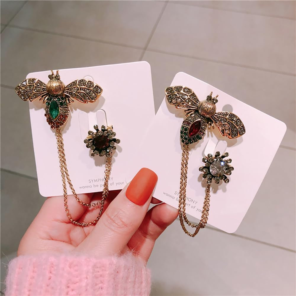 Antique Honey Bee Long Chain Collar Brooch Pin for Women Men Girls Crystal Rhinestone Flower Lapel Brooches Hanging Tassel Tie Pins Vintage Birthday Christmas Jewelry Gifts for Dress Suit Badges