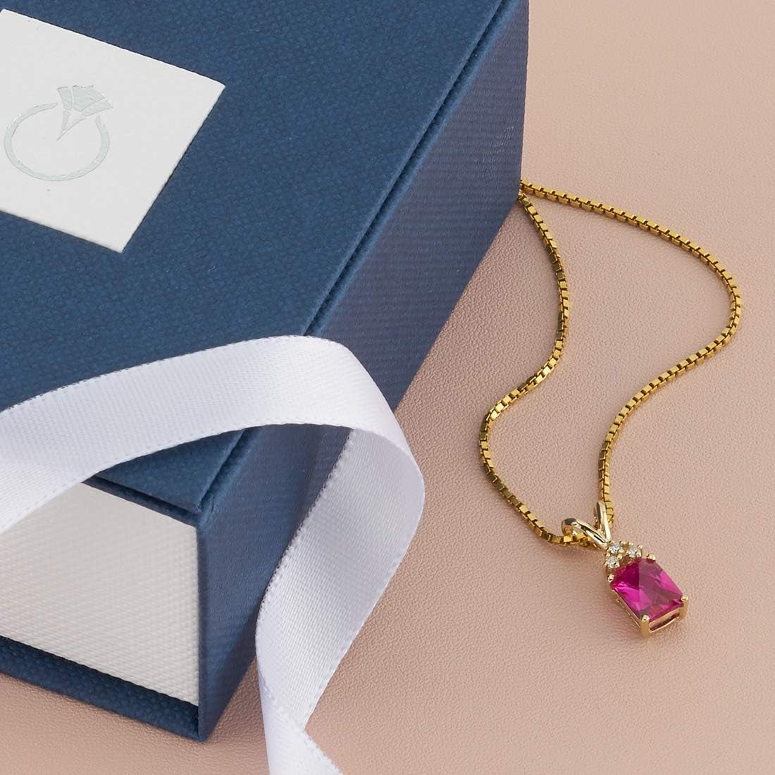 Created Ruby with Genuine Diamond Pendant in 14 Karat Yellow Gold, Elegant Solitaire, Radiant Cut, 7X5Mm, 1.30 Carats Total