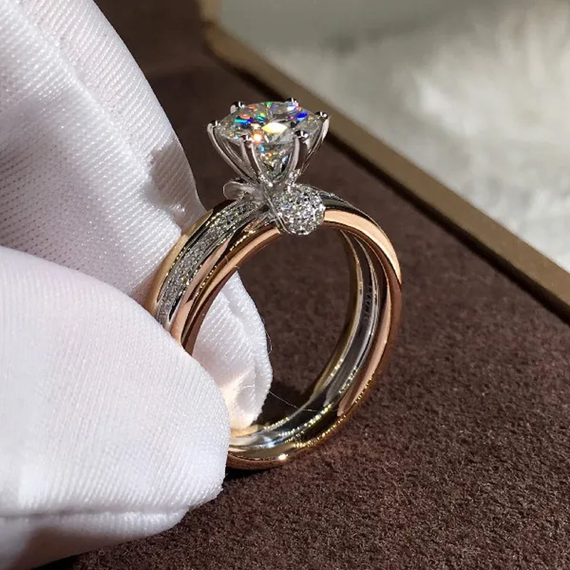 Meishu® Luxury Three-gold Solitaire Diamond Rings Bridal Jewelry Wedding Band Size 6-10