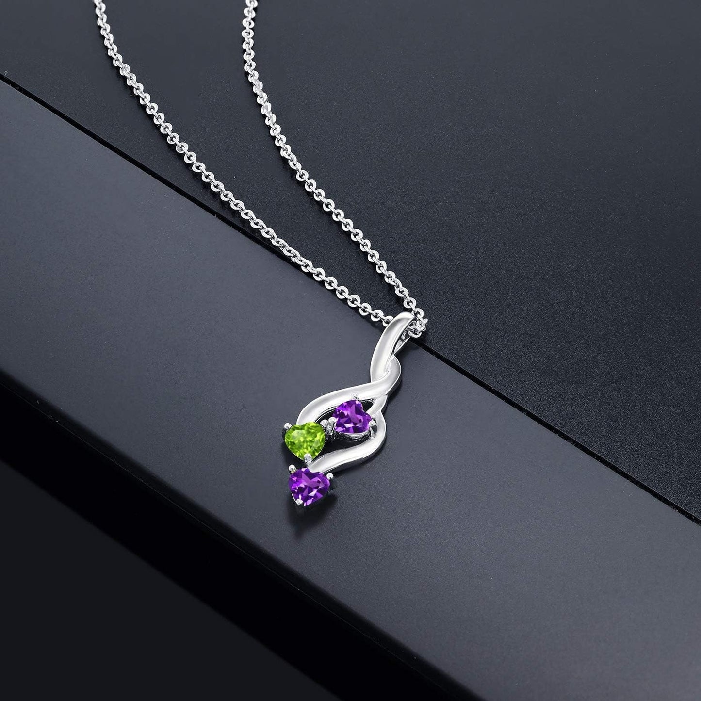 925 Sterling Silver Purple Amethyst and Green Peridot Pendant Necklace for Women (0.73 Cttw, Gemstone February Birthstone, Heart Shape 4MM, with 18 Inch Silver Chain)