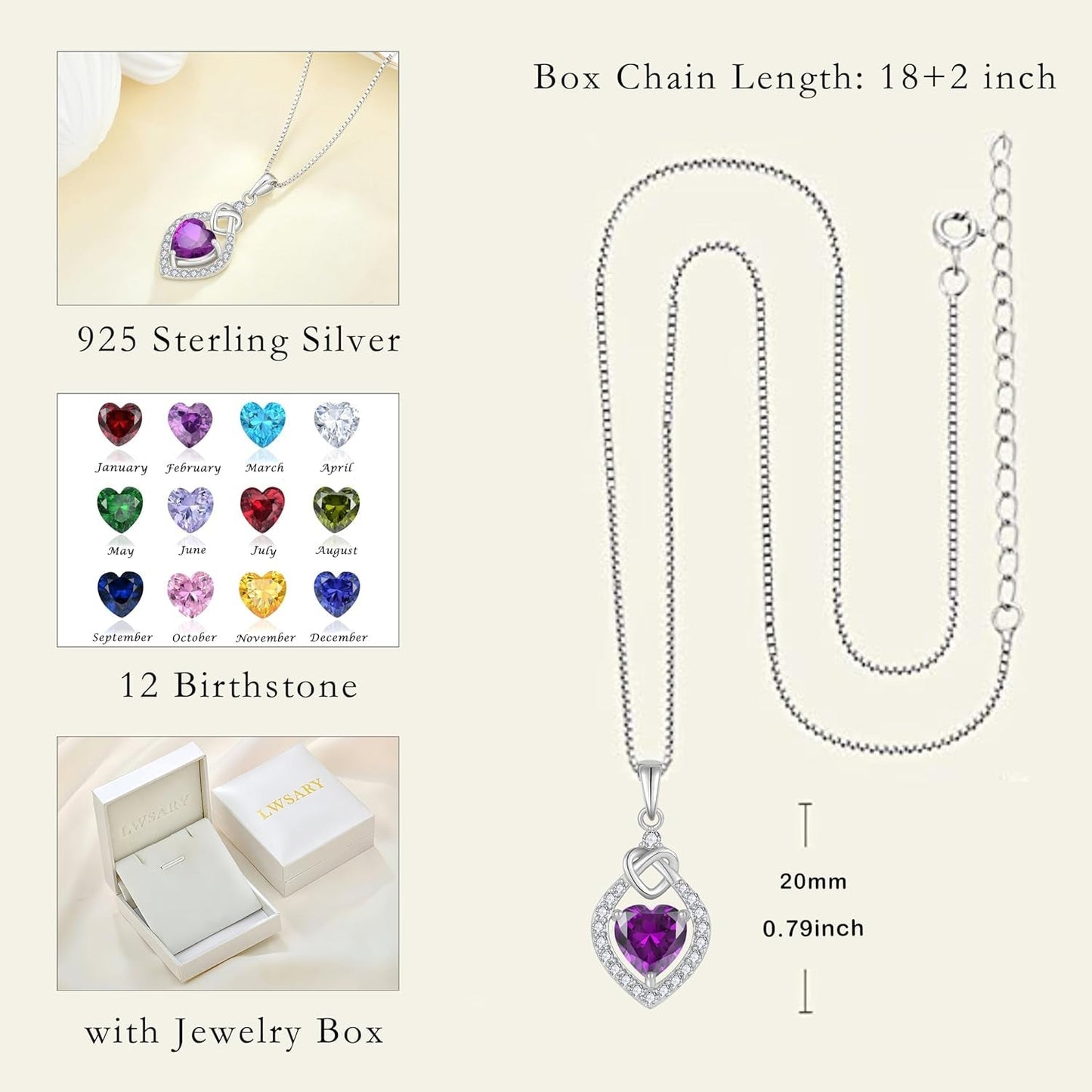 Love Knot Necklace 925 Sterling Silver Heart Birthstone Jewelry for Women