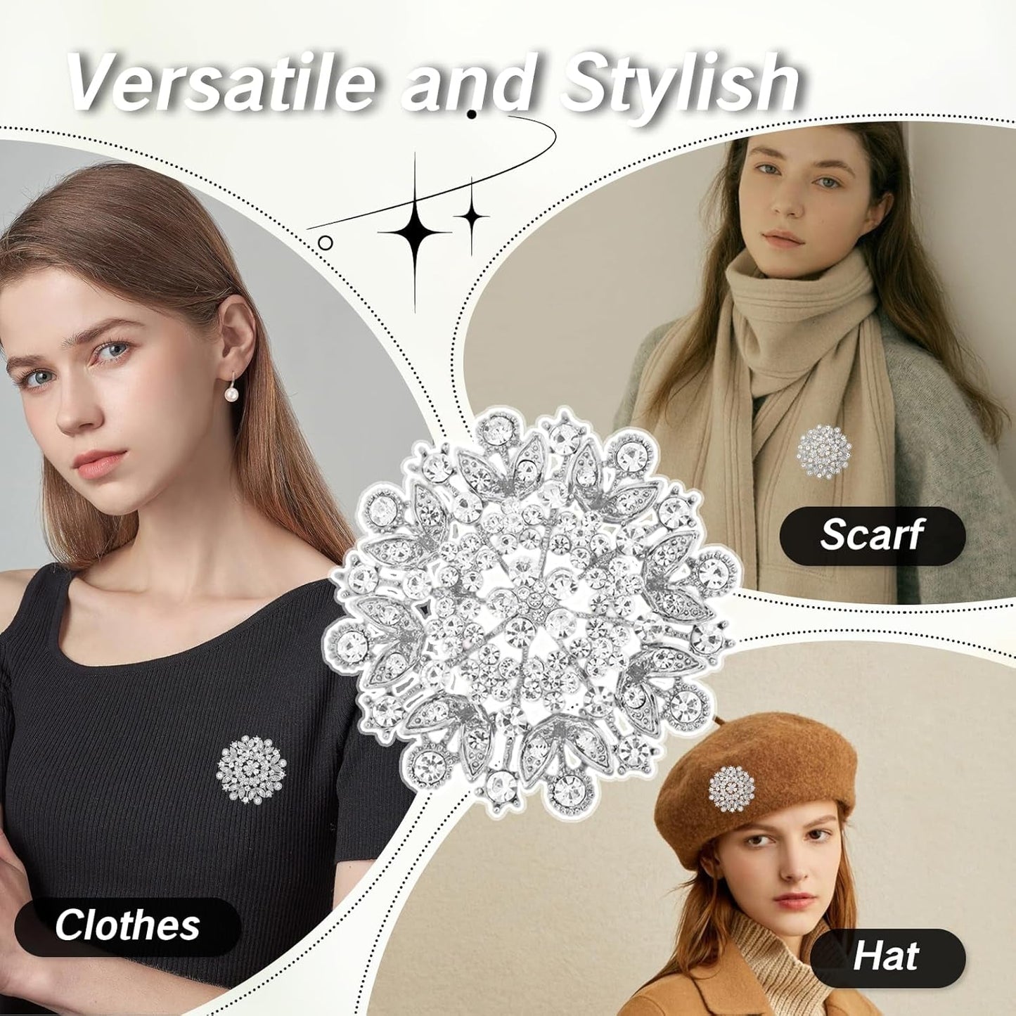 Silver Brooches for Women Diamond Crystal Flower Leaf Brooch Pin Large Elegant Bridal Corsage for Dress Wedding Accessories Sparkling Crystal Brooches Stylish Pins for Special Occasions