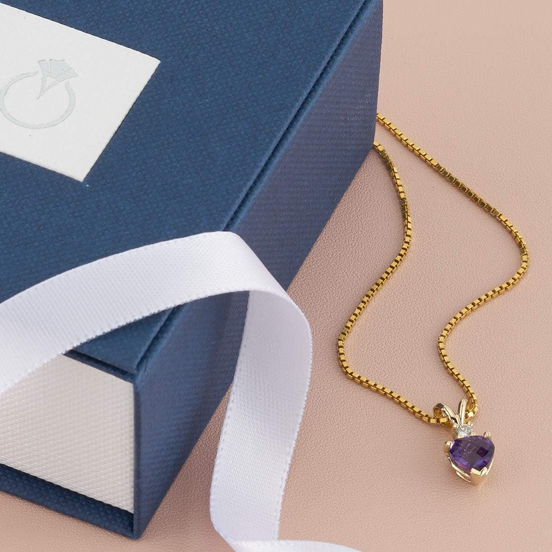 14K Yellow Gold Amethyst with Diamond Pendant for Women, Genuine Gemstone, Heart Shape Solitaire, 6Mm, 0.75 Carat Total, Real Amethyst Necklace, February Birthstone Necklace, W/Jewelry Box