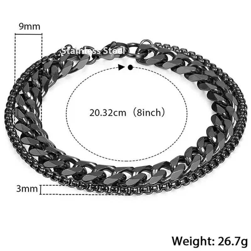 9mm Bracelet for Men Women Curb Cuban Box Link Double Chain Gold Silver Black Tone Gold Plated Stainless Steel Wristband Polished Fashion Jewelry