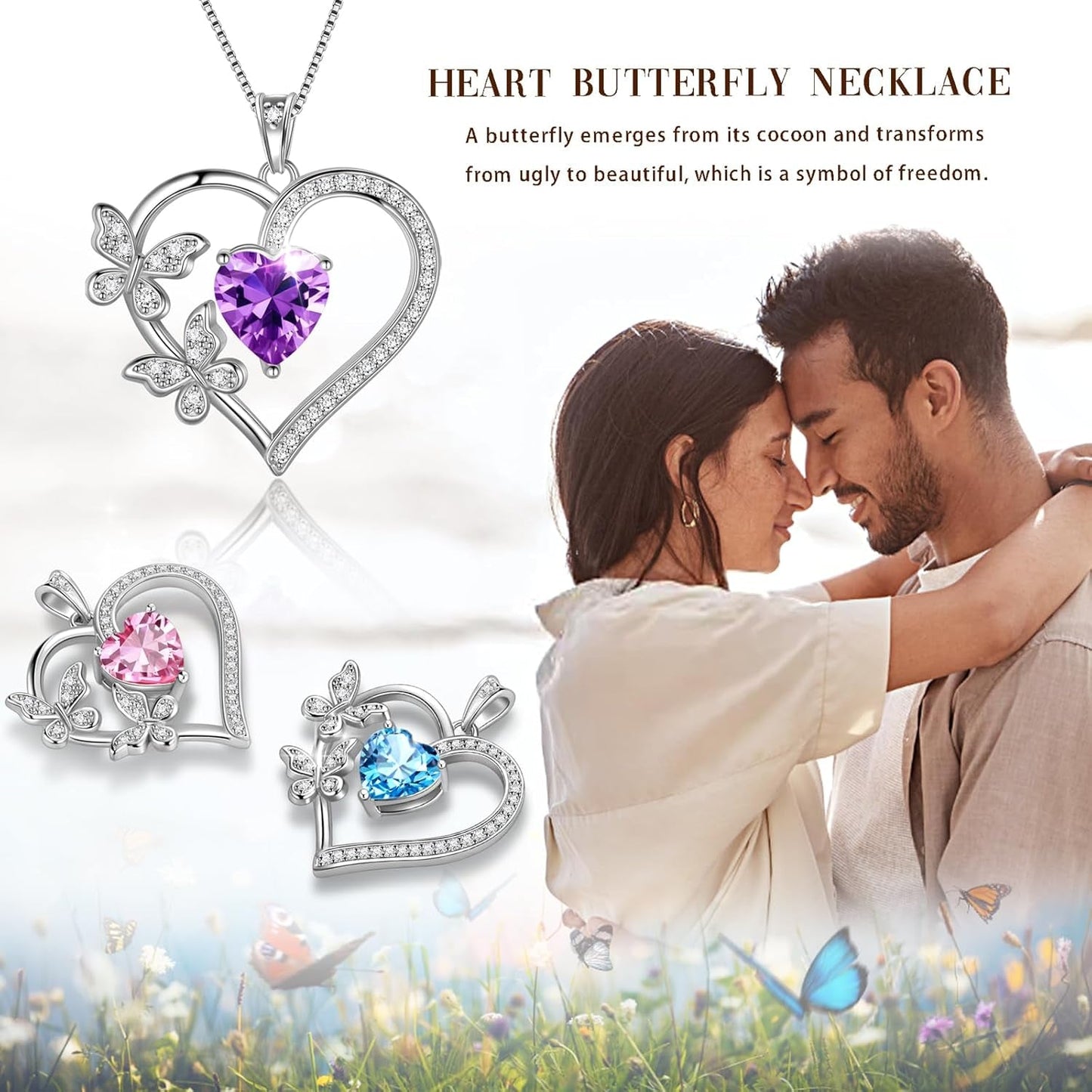 Heart Butterfly Pendant Necklace - 925 Sterling Silver Birthstone Heart Crystal Necklace Gifts for Women Jewelry Mothers Day Valentines Birthday Gifts for Girls