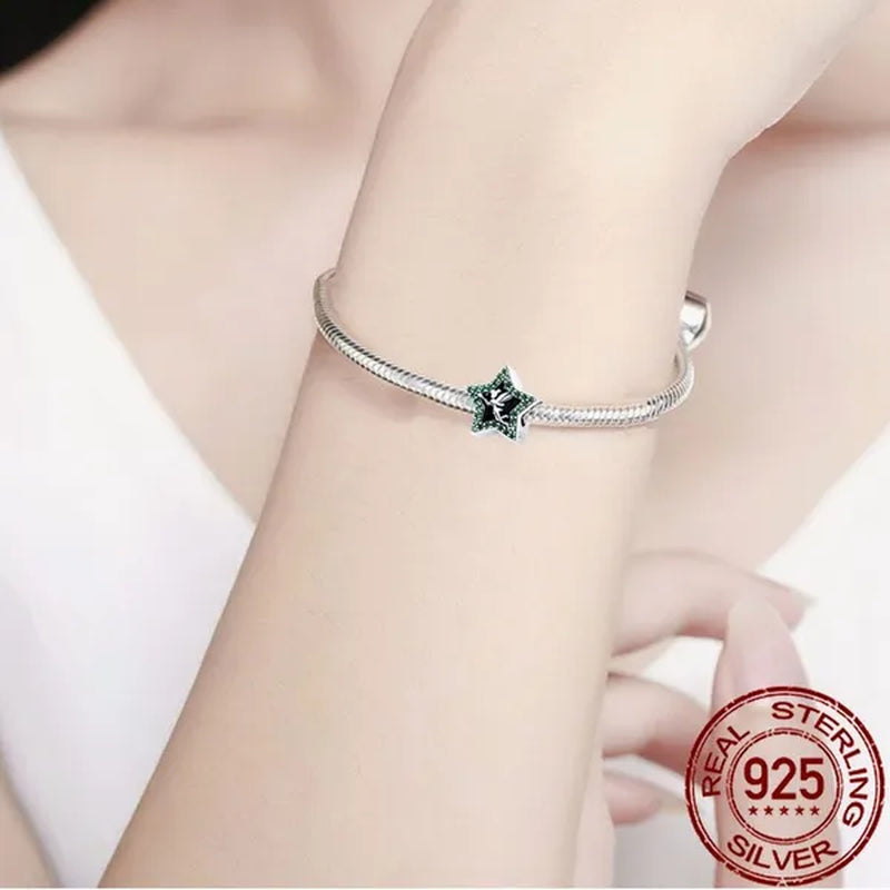 Europen S925 Sterling Silver with Green Zircon Five Pointed Star Forest Flower Fairy Charm Fit Bracelet DIY