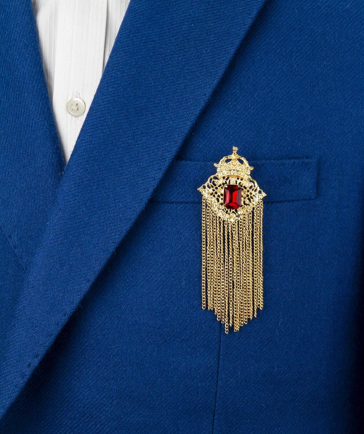 Brooch Pin Crowned Deep Red Stone with Abstract Work and Hanging Chain Lapel Pin Accessories for Men Women