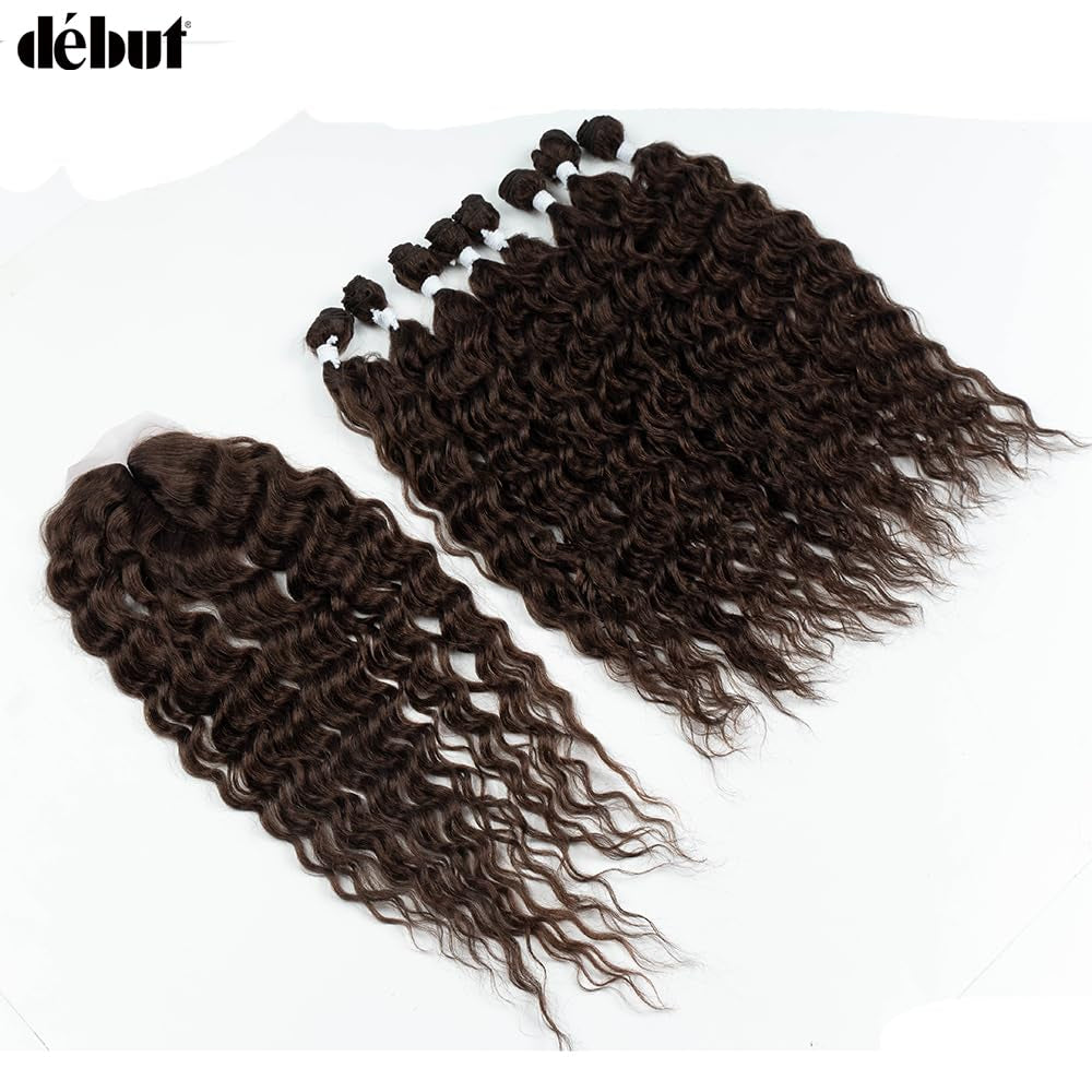 Synthetic Hair 8 Bundles with Simple Closure Water Wave High Temperature Fiber Wavy Hair Weave 9PCS 20 Inches 240G Brown