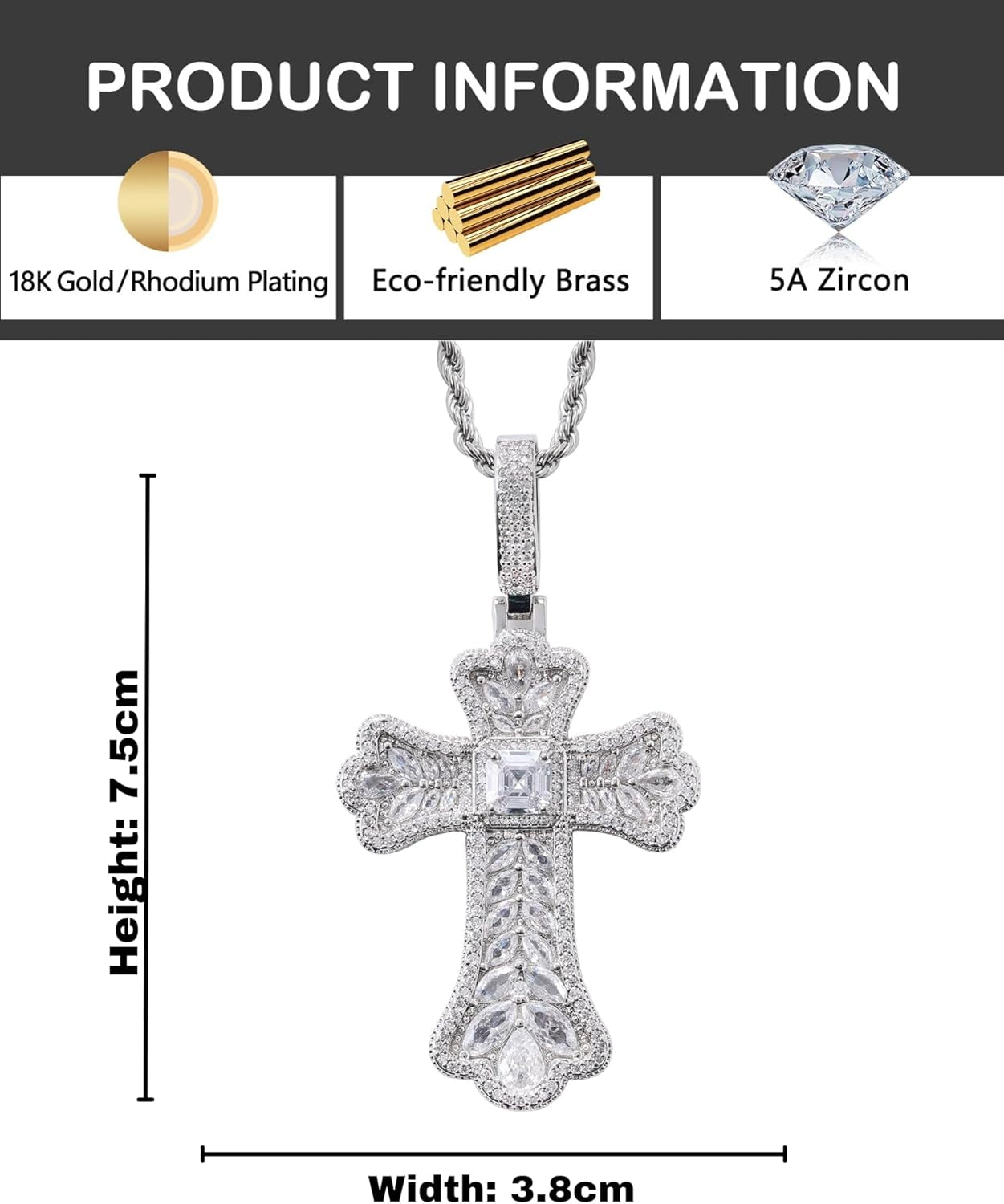 Gothic Colorful Iced Out Cross Pendant with 20" Stainless Steel Rope Chain, Heavyweight Oversized Design, 14K Gold Plated, 5A CZ Stones, Hip-Hop Religious Jewelry for Men & Women