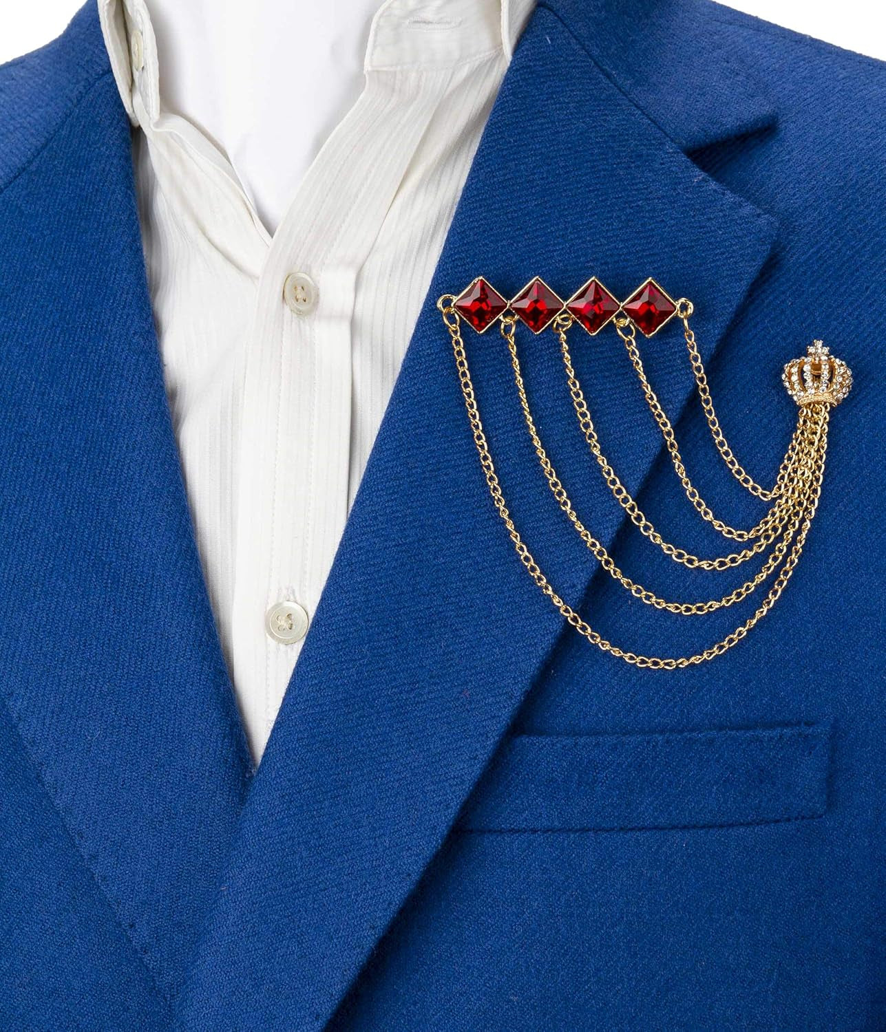 Brooch Pin Diamond Cut Red Stone Bar with Hanging Chains and Gold Crown Lapel Pin Accessories for Men Women