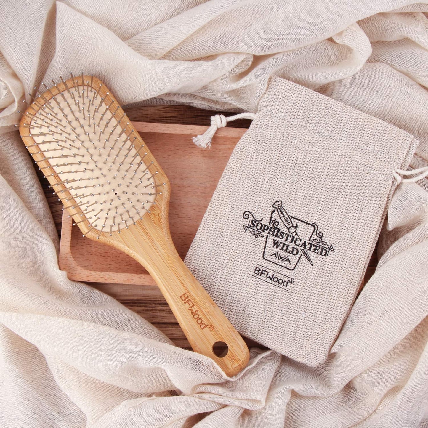 Bamboo Hair Brush with Steel Bristles, Help Hair Growth and Massaging Scalp