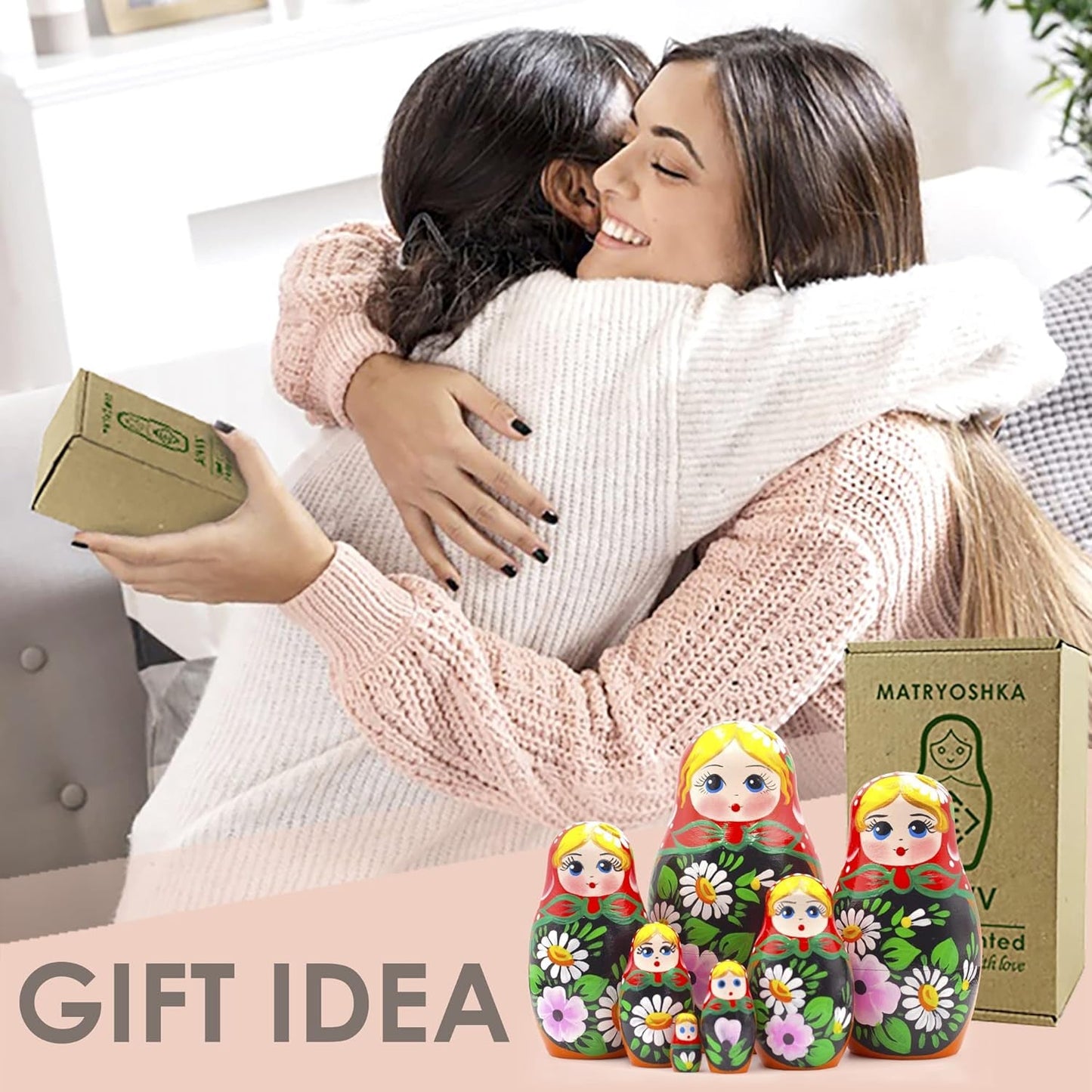 Russian Nesting Dolls Set of 7 Pcs - Matryoshka Doll with Hand Painted Bouquet of Lily and Daisy Flowers - Flower Summer Decorations