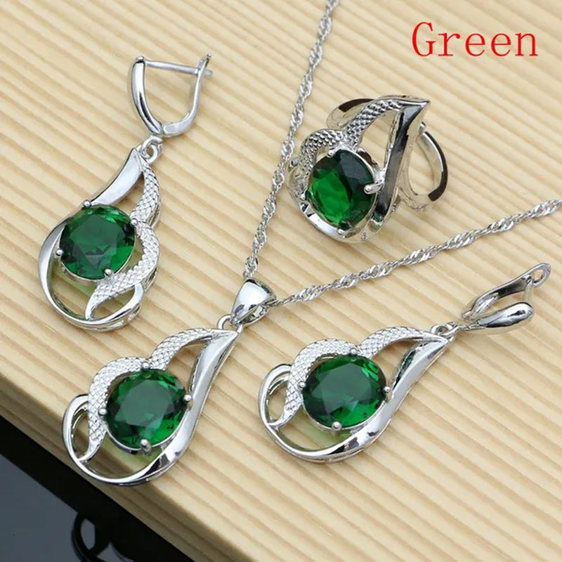 925 Silver Jewelry Sets for Women Rainbow Tourmaline Wedding Necklace Earrings Open Ring