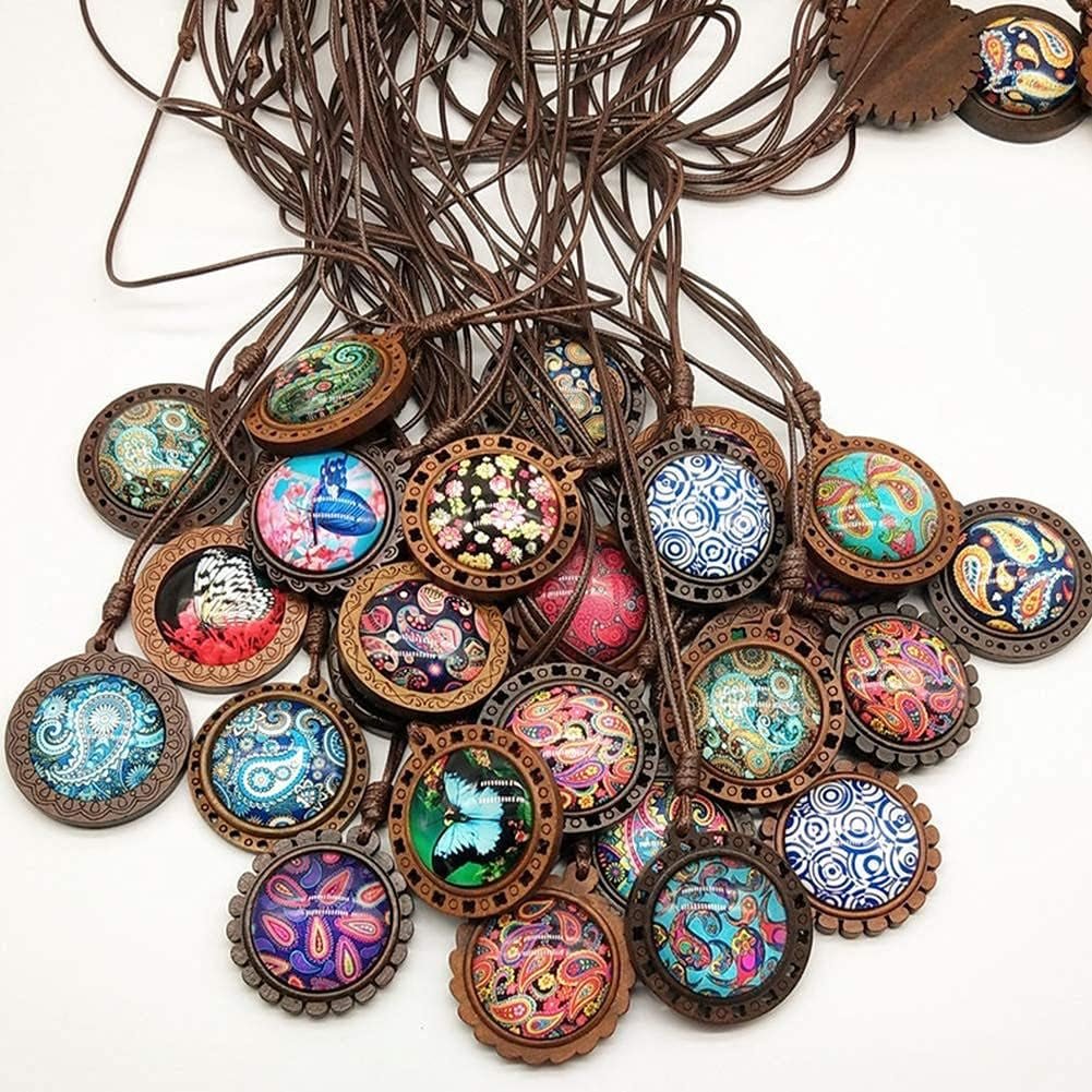 Bezel Pendant Trays round Wooden and Glass Cabochon round Clear Dome for DIY Crafting Photo Jewelry Making