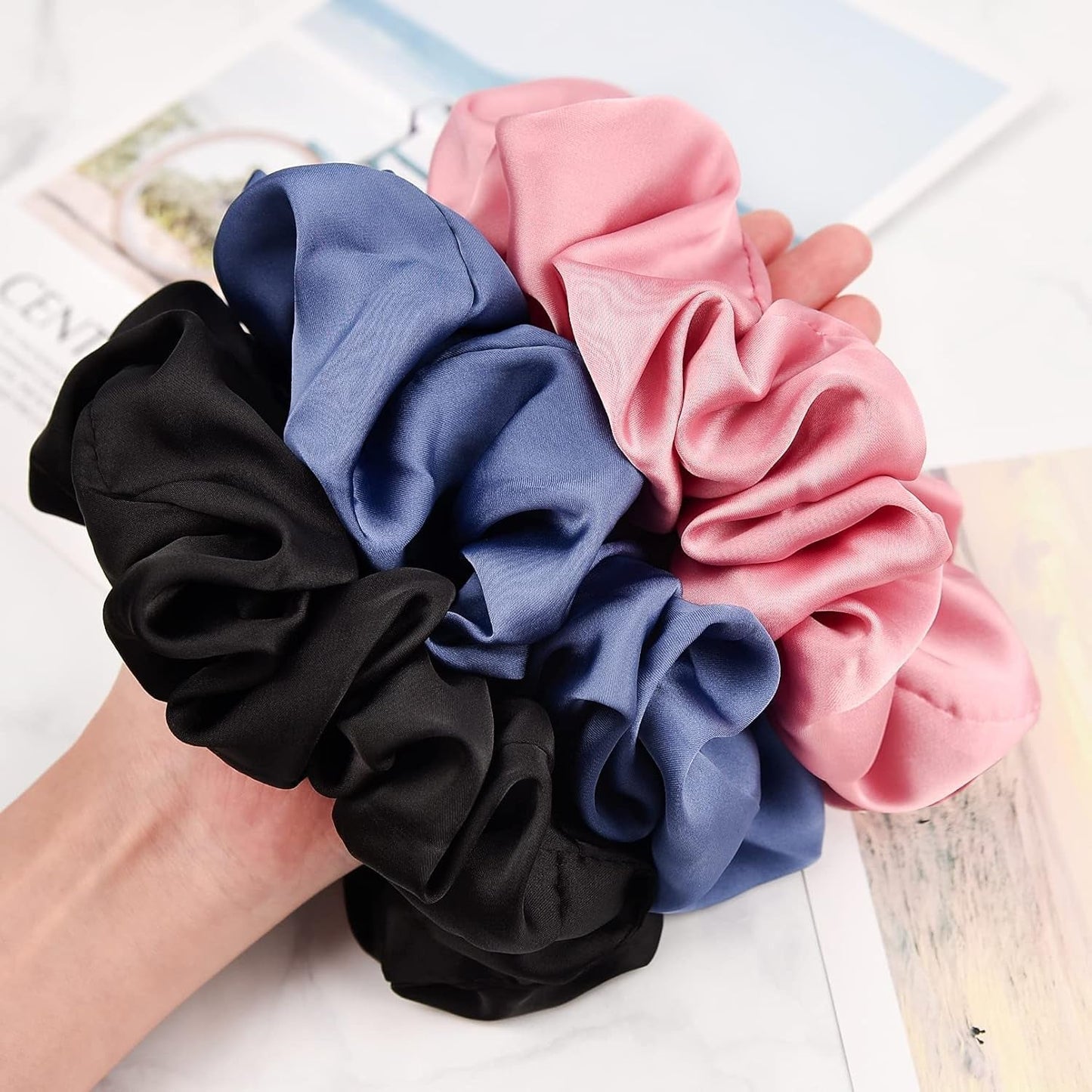 Big Real Silk Scrunchies for Women Large Scrunchie Satin Oversized Silk Thick Elastic Hair Ties Jumbo Hair Scrunchies 3 Pack (Black,Pink,Blue)