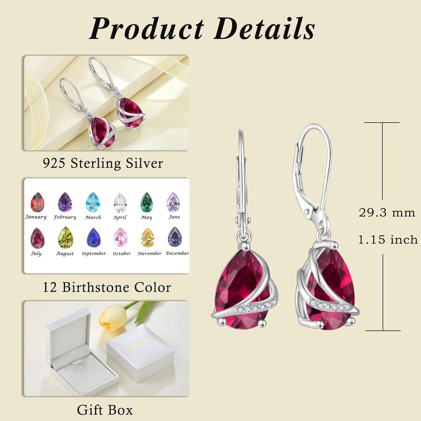 Birthstone Dangle Drop Earrings for Women 925 Sterling Silver Teardrop Leverback Earrings Jewelry Gifts for Wife Girlfriend Mother Daughter Her