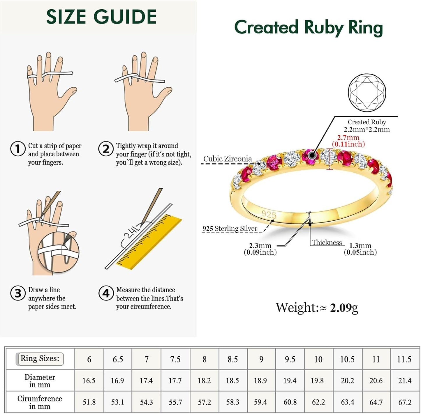 Birthstone Rings Eternity Band 925 Sterling Silver/Yellow Gold Created Gemstone Stackable Wedding Band Half Eternity Rings for Women Size 6 to 10