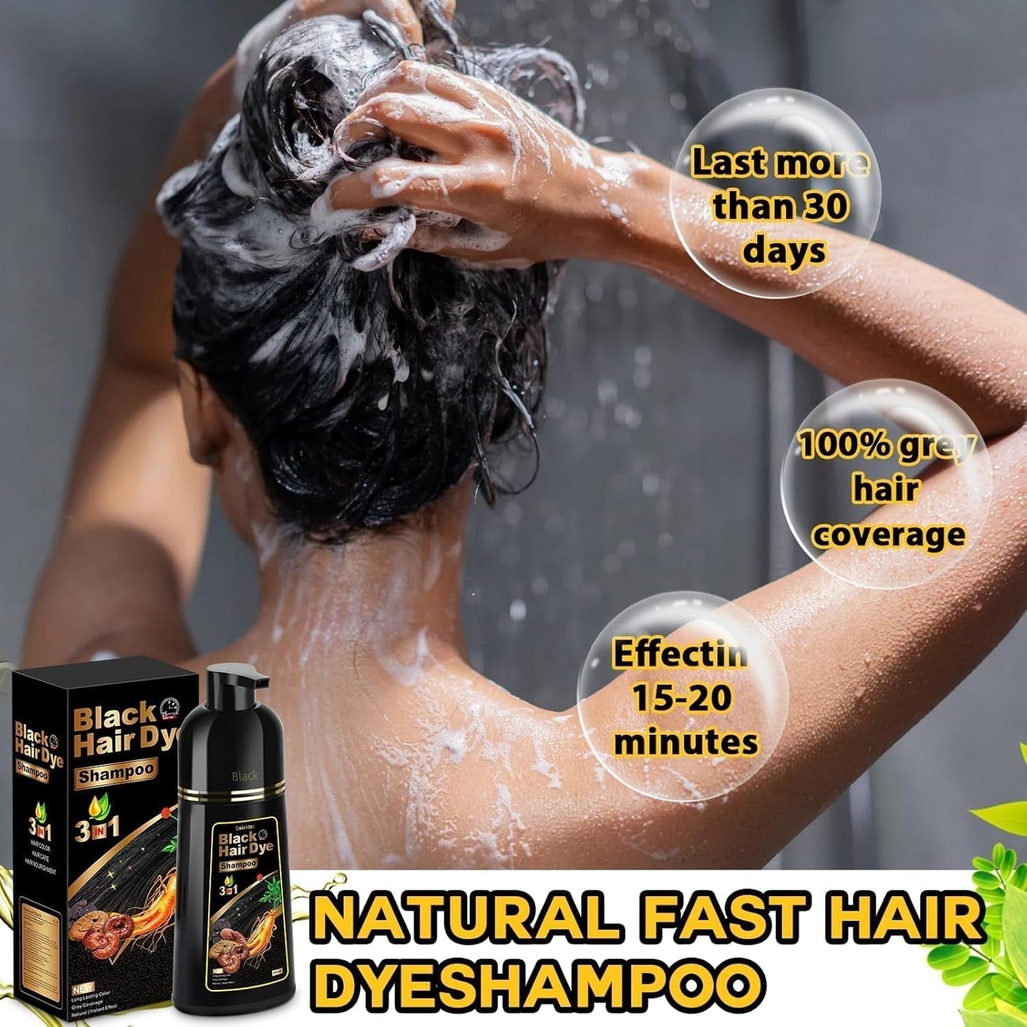 Black Hair Dye Shampoo for Gray Hair, 3 in 1 Black Hair Dye for Women Men, Herbal Gray Coverage, 500Ml (Black)