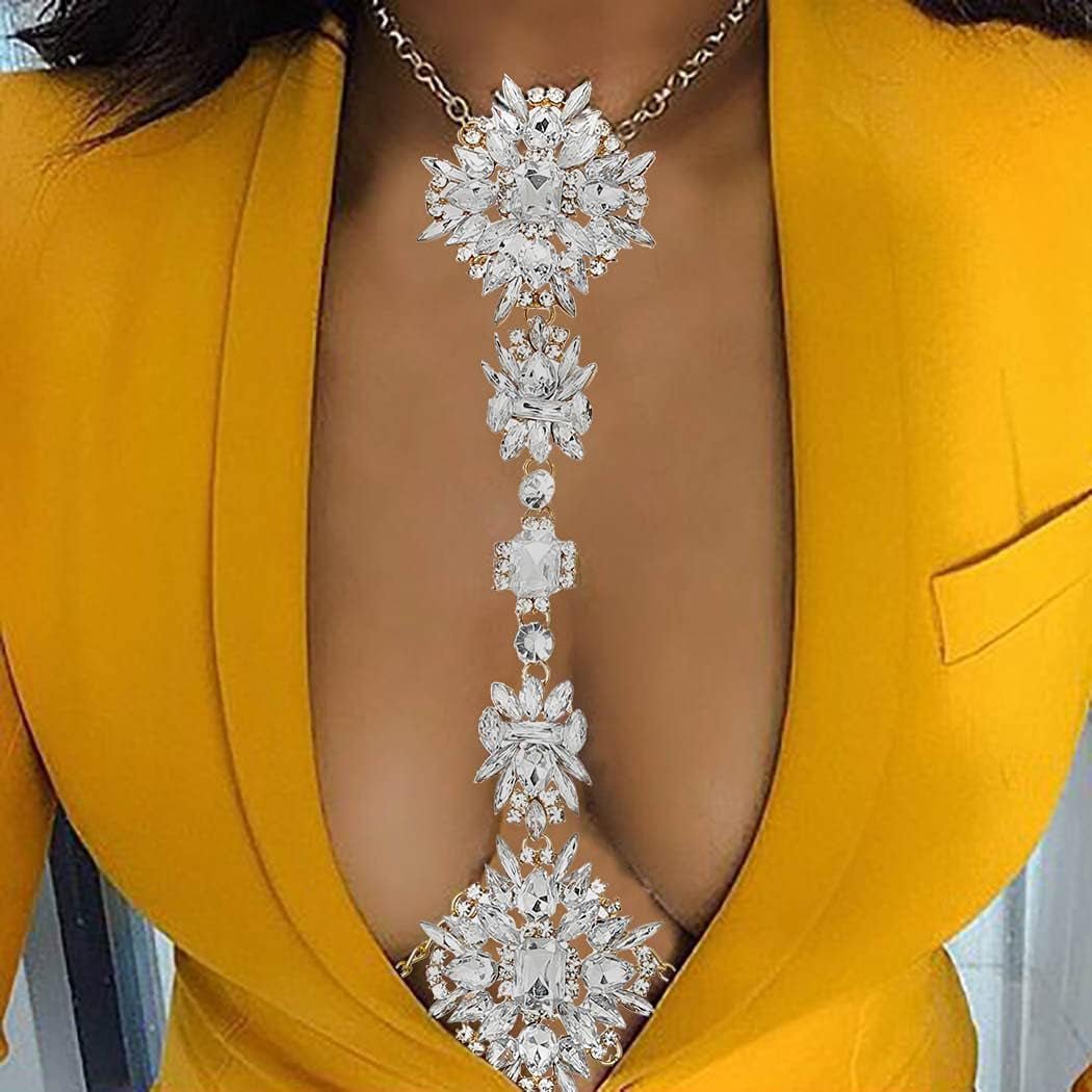 Boho Rhinestone Statement Chest Chain Crystal Necklace Body Chain Summer Beach Body Jewelry Accessories for Women