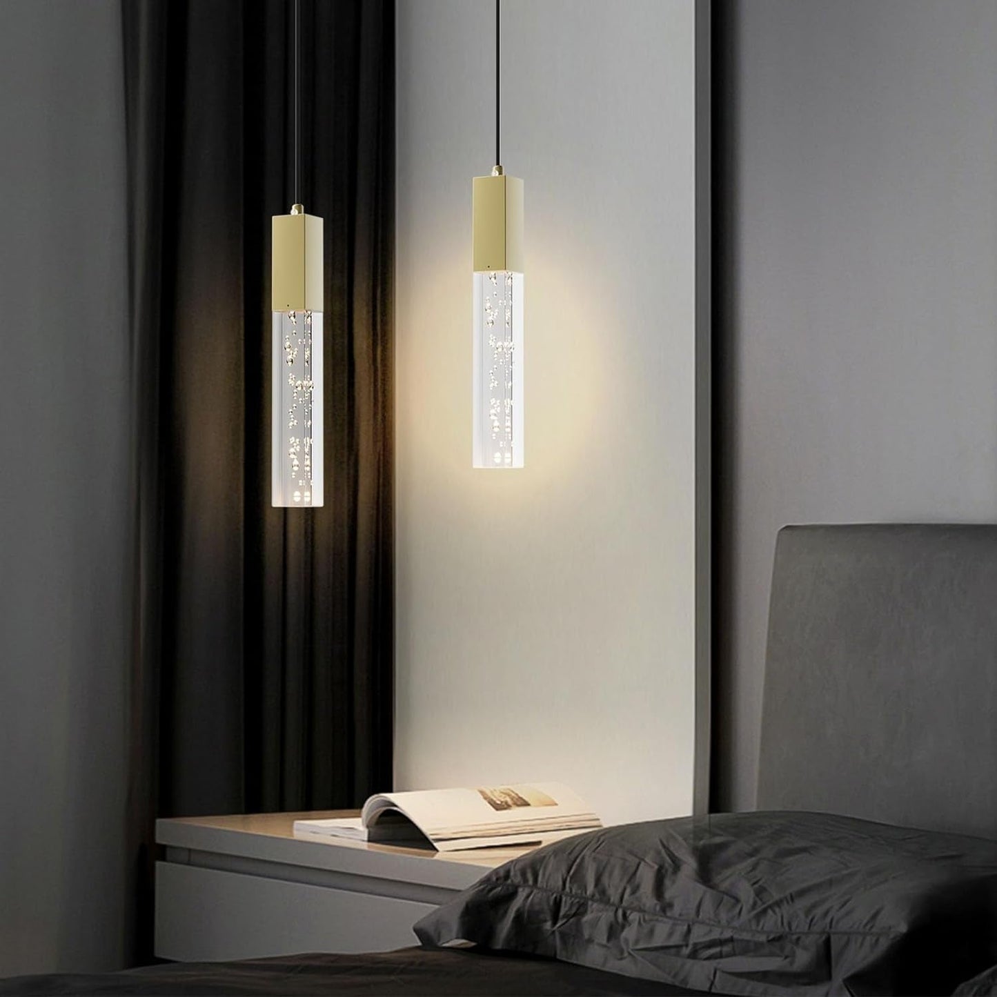 Brass Pendant Light Kitchen Fixture Dimmable Integrated LED Modern Pendant Light for Kitchen Island Mini Crystal Pendant Light for Bathroom Bedroom 3000K Warm Light(2-Pack)