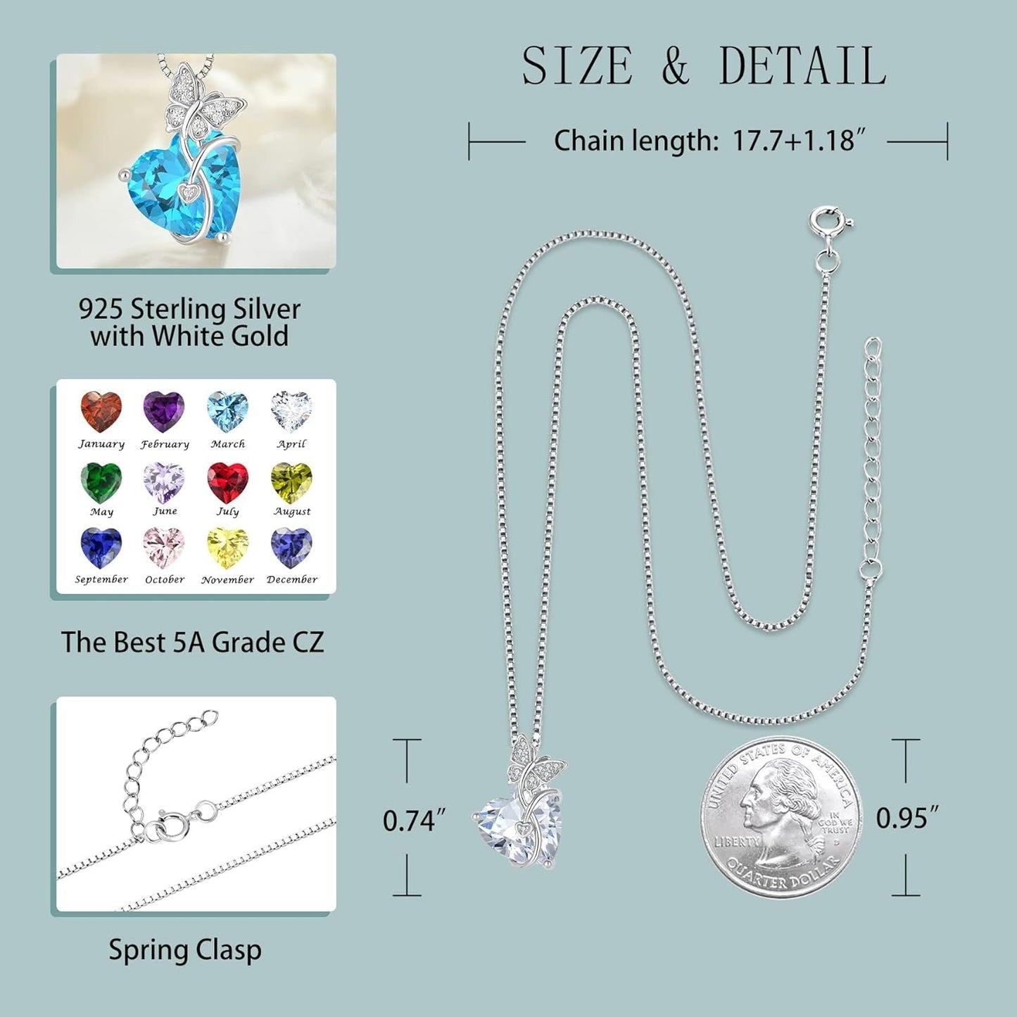 Butterfly Necklace for Women 925 Sterling Silver Love Heart Pendant Necklace Birthstone Jewelry Gifts for Wife Girlfriend Mom Daughter