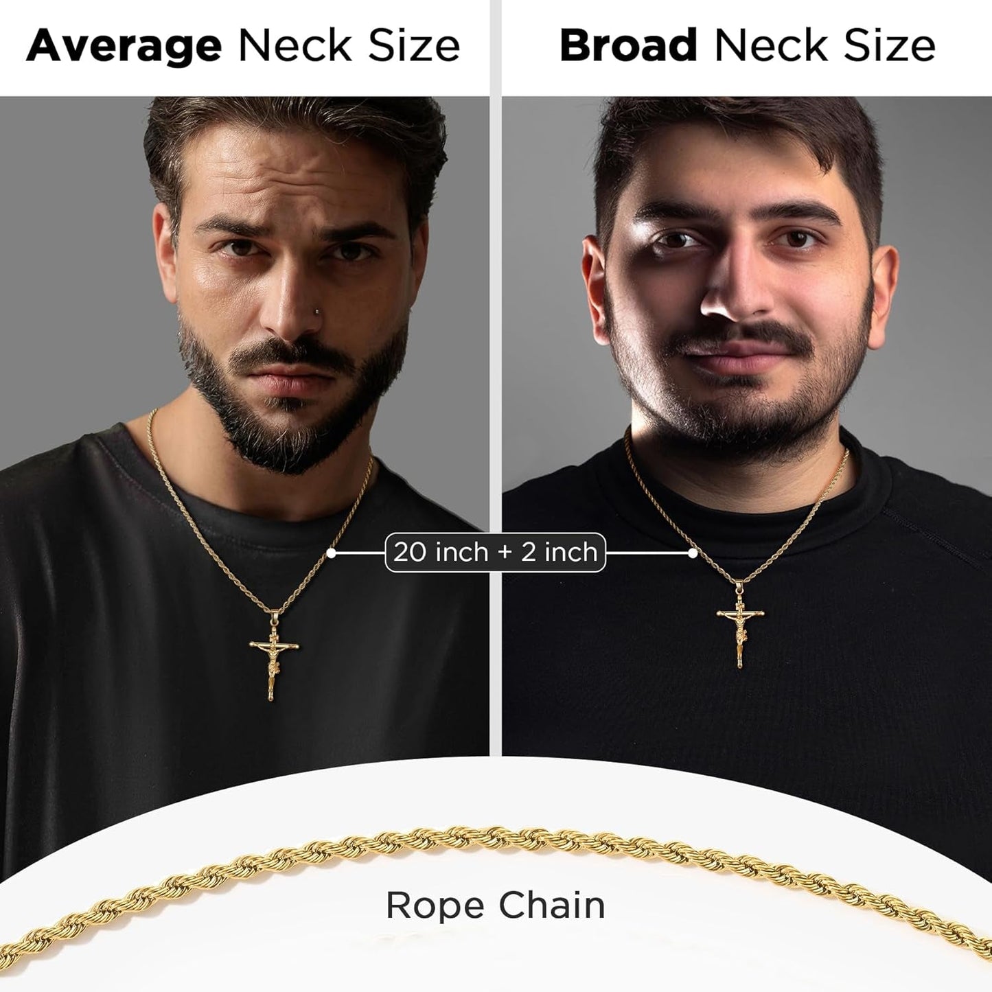 18K Gold over S925 Crucifix Necklace for Men with Rope/Cuban Chain, Catholic Jesus Cross Pendant, Men'S Religious Gift for Easter Christmas