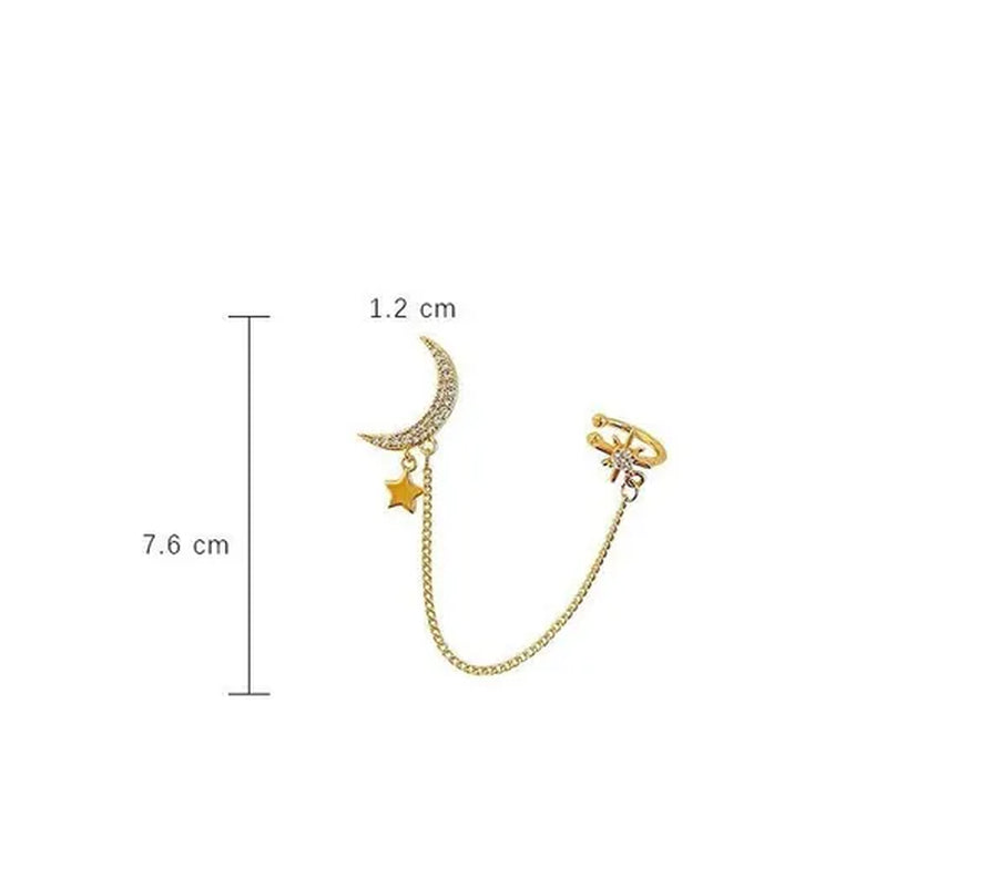 New Simple Moon Star Rhinestone Long Chain Earrings Shining Sun Crescent Geometric Tassel Piercing Earrings Ear Bone Clip Jewelry