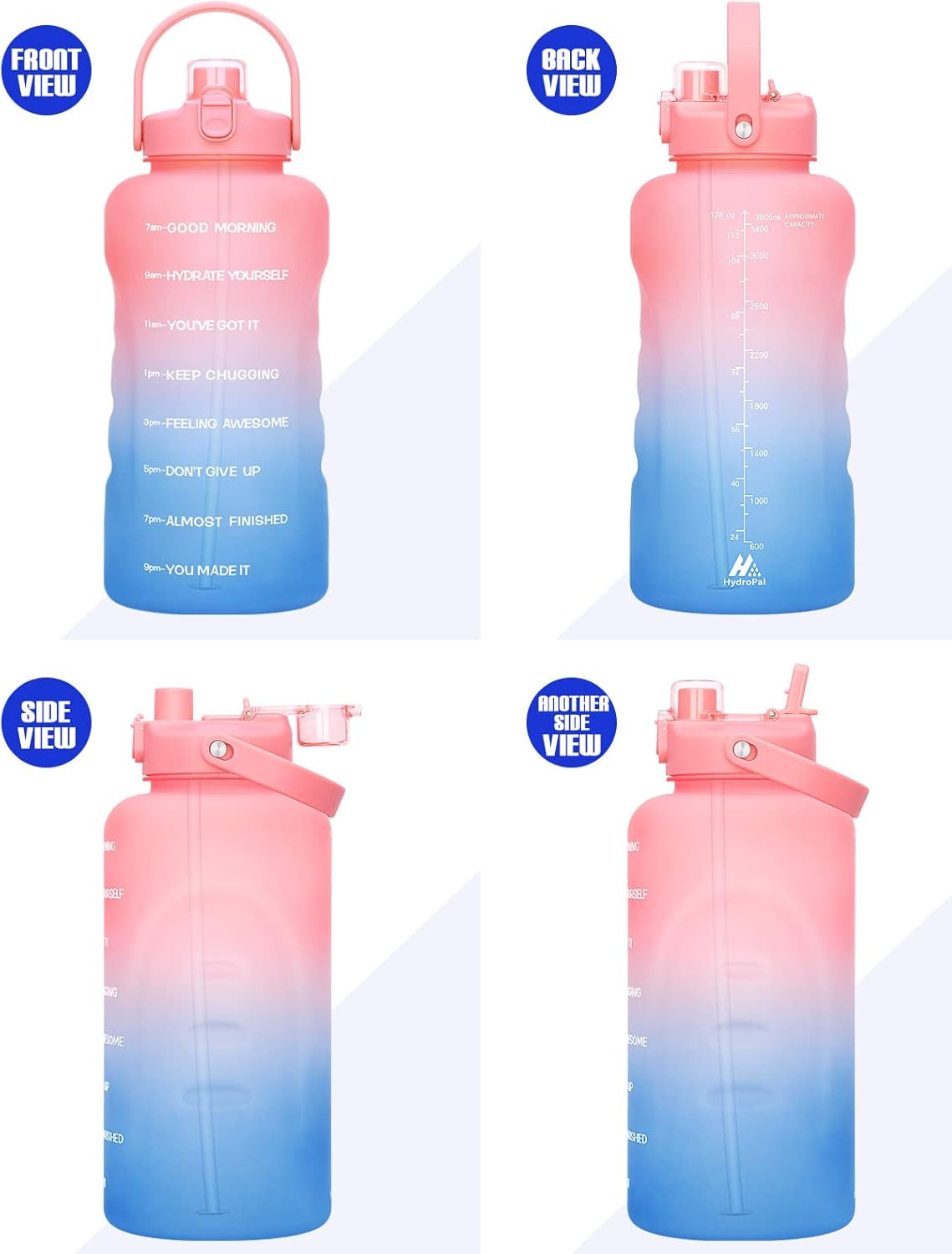 1 Gallon Water Bottles with Straw, 128 Oz / 3.8L Water Bottle BPA Free Innovative 2-IN-1 Lid Gym Bottle with Times to Drink Motivational, Large for Sports Fitness Camping Water Jug One Gallon