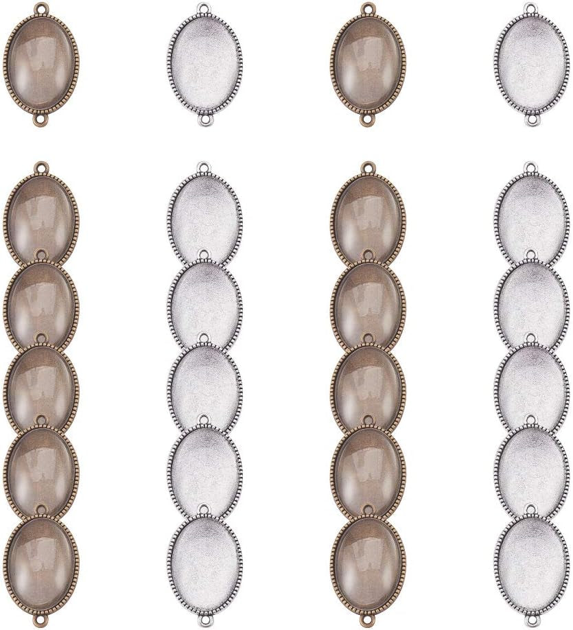 24Pcs Double Holes Photo Charms Connector Pendant Tray Blanks Bezel Cabochon Settings with 24Pcs Glass Cabochon Tiles Memorial Photo Pendant for Bouquet Wedding Graduation Photo Charm