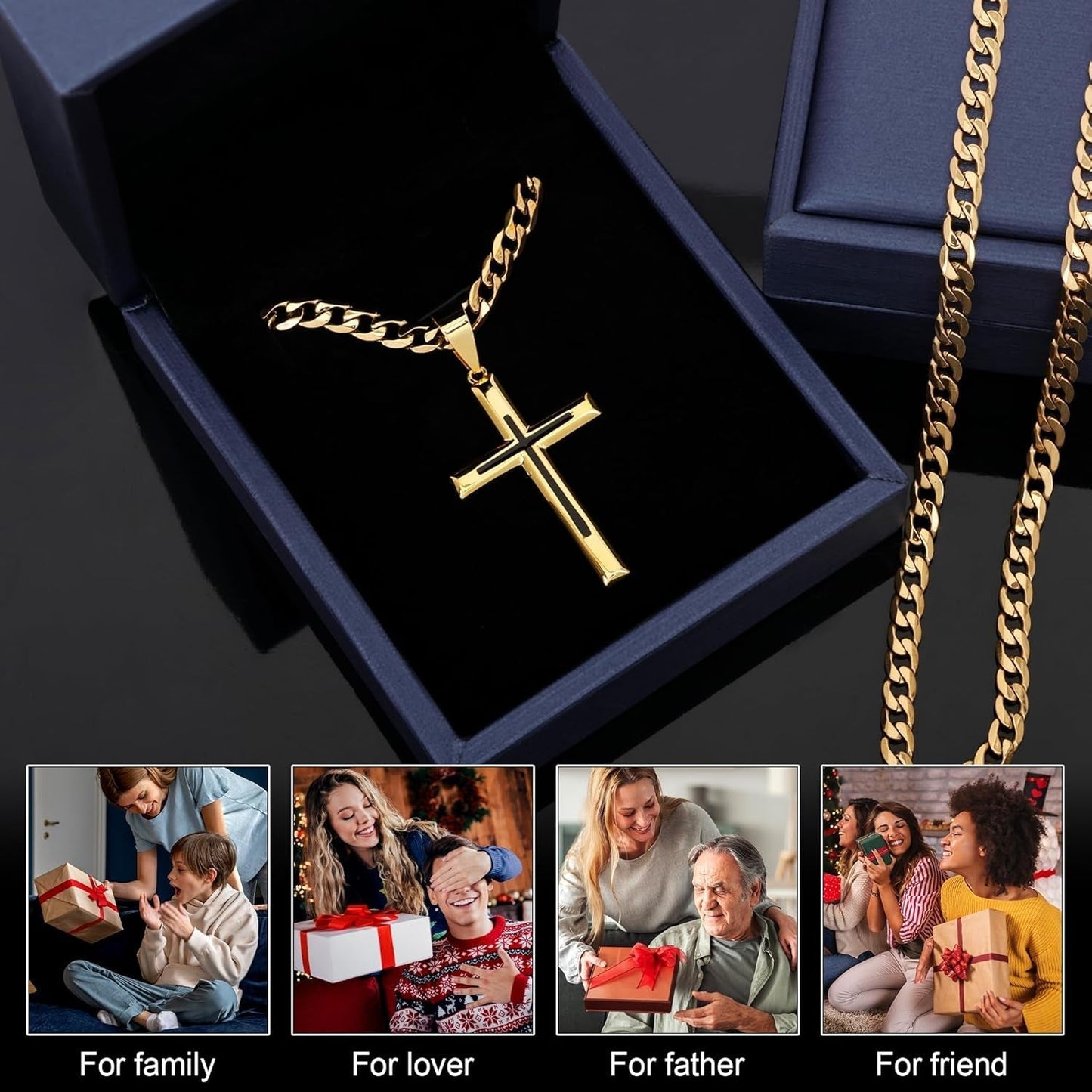 925 Sterling Silver Cross Necklace for Men Women,Black Cross Necklaces with 4.5MM Durable Stainless Steel Cuban Link Curb Chain,18K Gold over Real Silver Cross Pendant Necklace 16-28 Inches