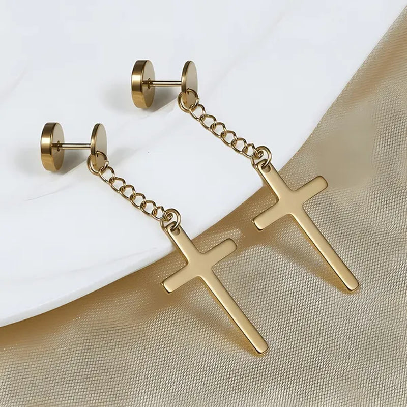2PCS Stainless Steel Stud Earring Cross round Fake Ear Taper Dumbbell Unisex