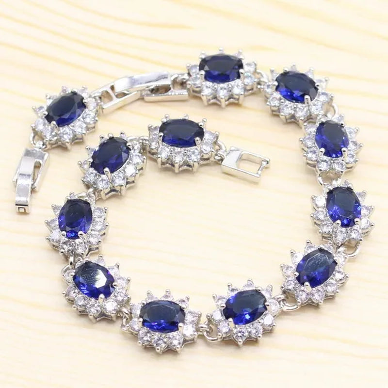 925 Silver Royal Blue Zirconia Wedding Jewelry Set For Women Heart Shape Necklace Pendant Ring Earrings Bracelet S Gift Box