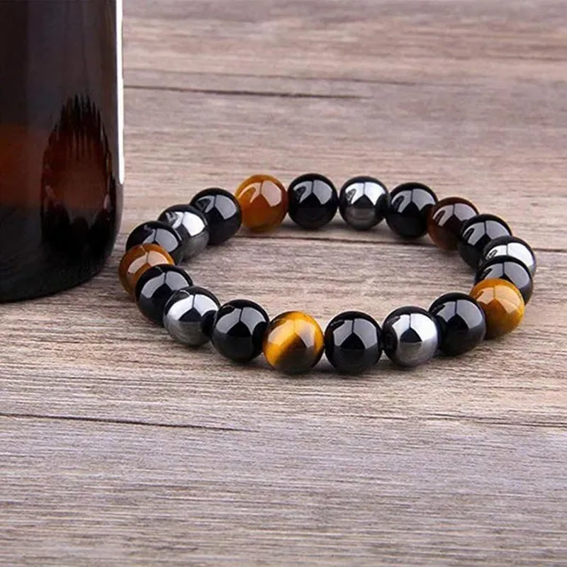 Men's Fashion Natural Stone Bracelet Tiger Eye Triple Protection Hematite and Black Obsidian Bracelet Gift Jewelry
