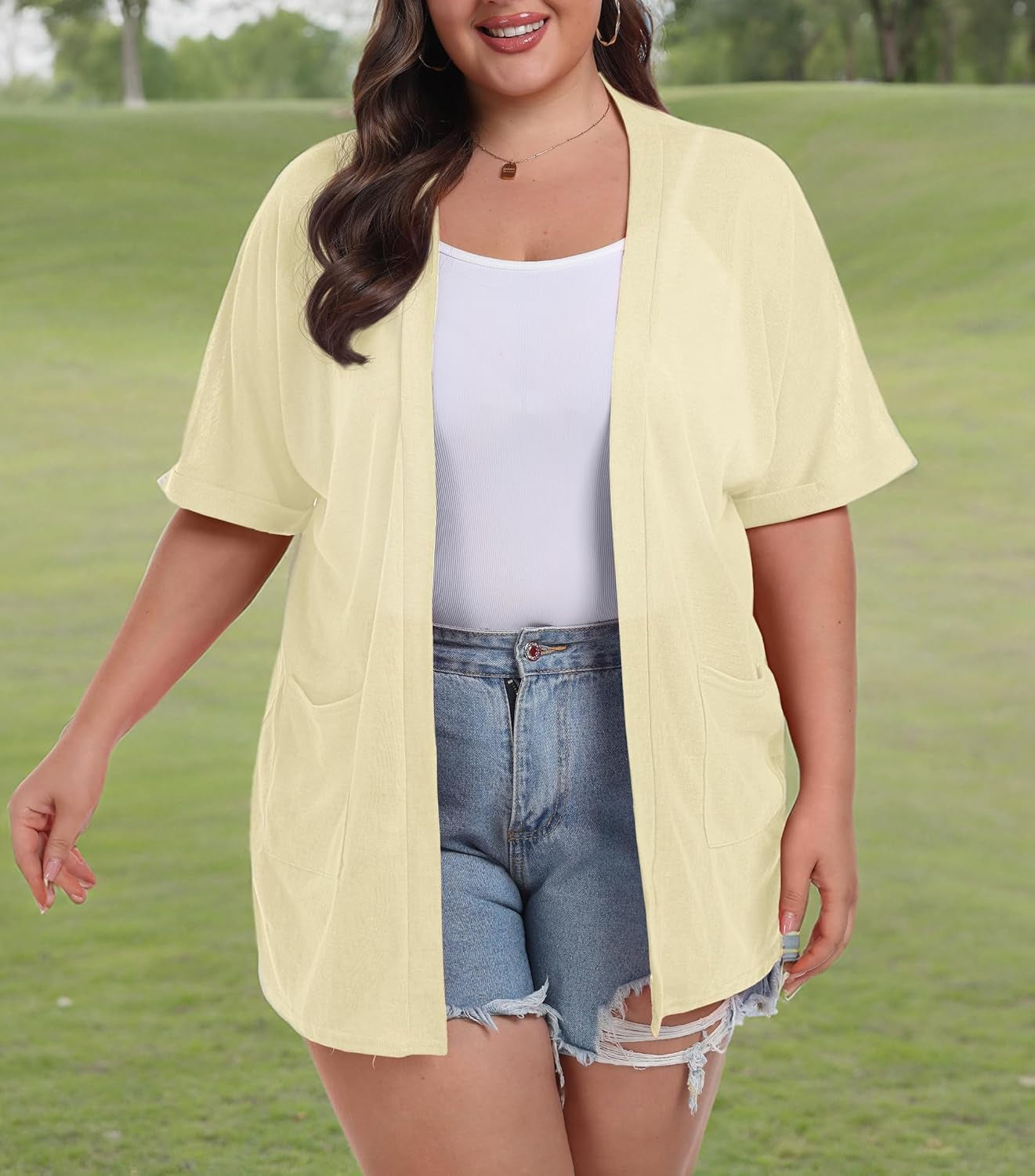 plus Size Lightweight Cardigan for Women Summer Sheer Short Sleeve Cardigan with Pockets Beach Cover Up