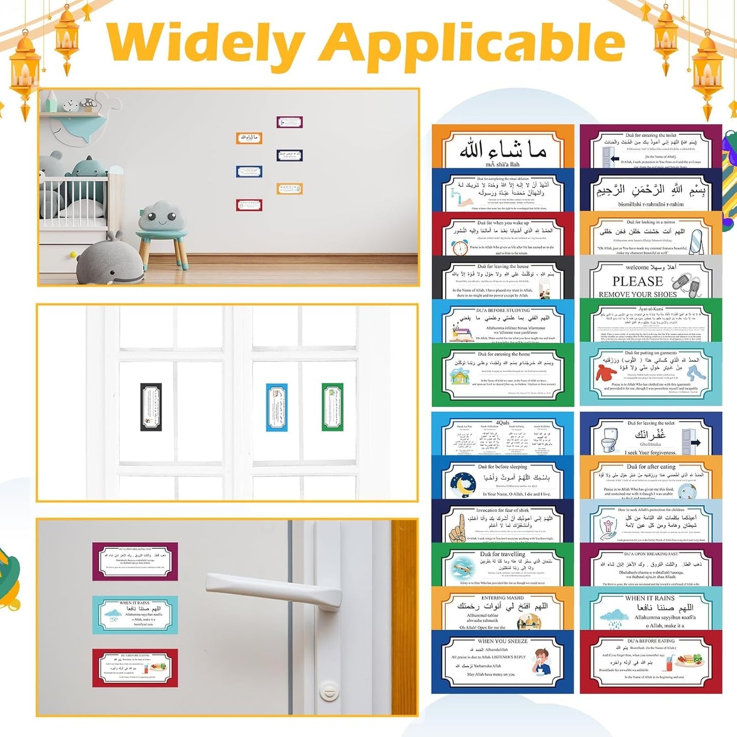24 Pcs Muslim Stickers Gifts for Muslim Kids, Removable DIY Family Dua Sticker Decal Wall Mural Islamic Arabic Quotes Letters Teaching Education Stuff Wall Sticker, 7.87 X 3.54 Inches