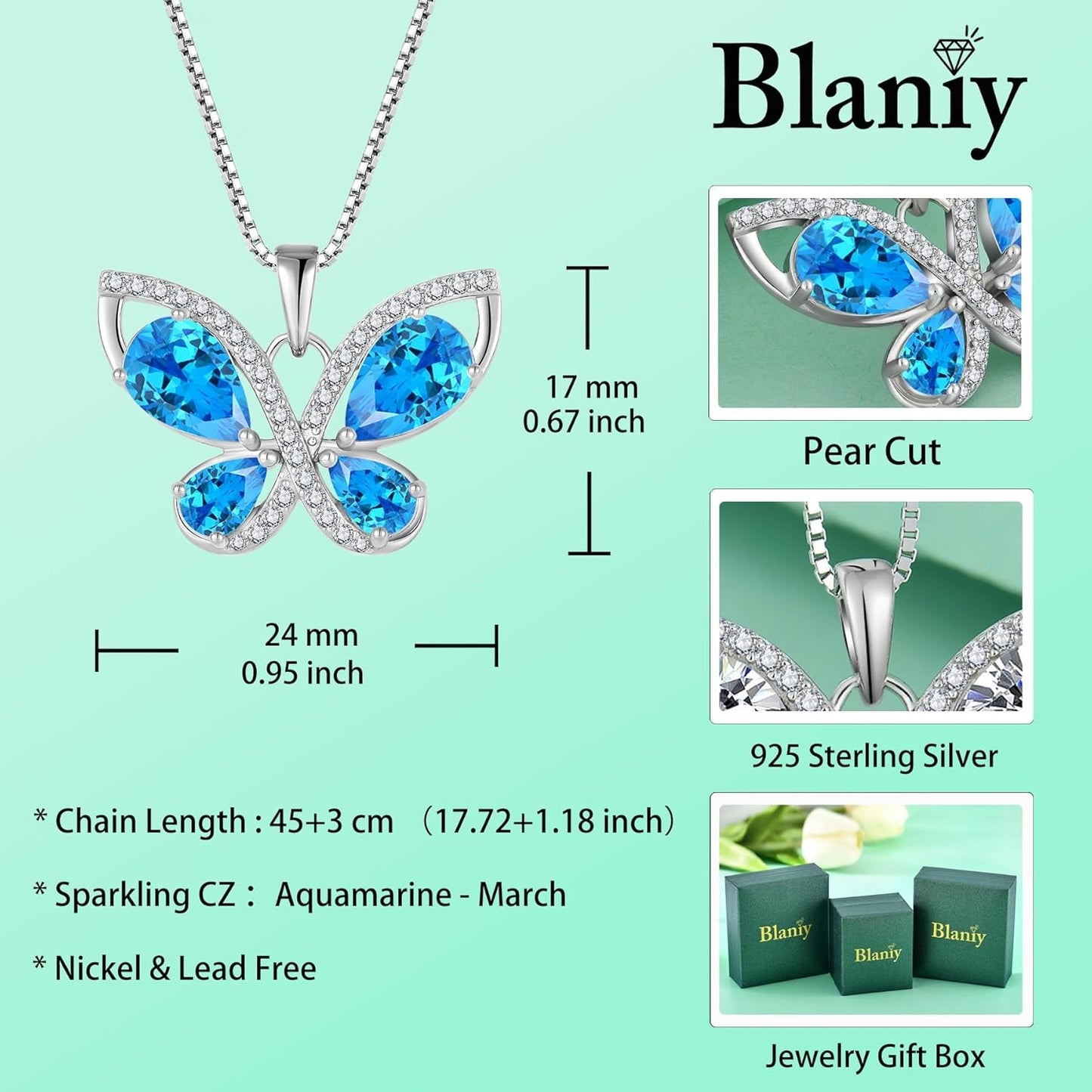 Butterfly Necklace for Women 925 Sterling Silver Birthstone Pendant Created Gemstone Jewelry Gifts for Her