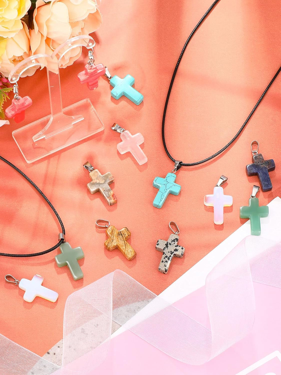 Stone Cross Gemstone Pendant Charms Cross Quartz Crystal Charms for Necklace Earring Bracelet Jewelry Making