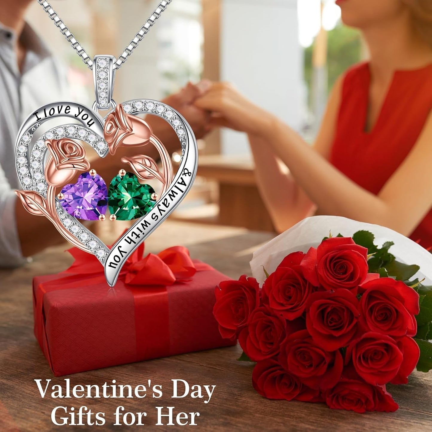 Birthstone Necklace for Women - 925 Sterling Silver Rose Heart Birthstone Necklace Birthday Gifts for Women Anniversary Jewelry Gifts for Her Wife Mom Daughter