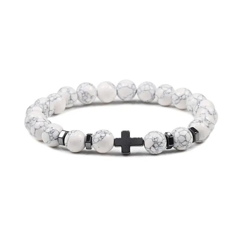 Hot Men Natural Tiger Eye Beads Hematite Cross Bracelets Onyx Meditation Prayer Bead Bracelet Women Stone Yoga Jewelry Homme