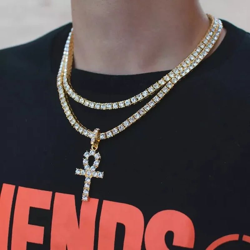 Cool Men Yellow Gold Iced Out Cz Diamond Jewelry Ankh Cross Pendant Tennis Chain Hip Hop Necklace