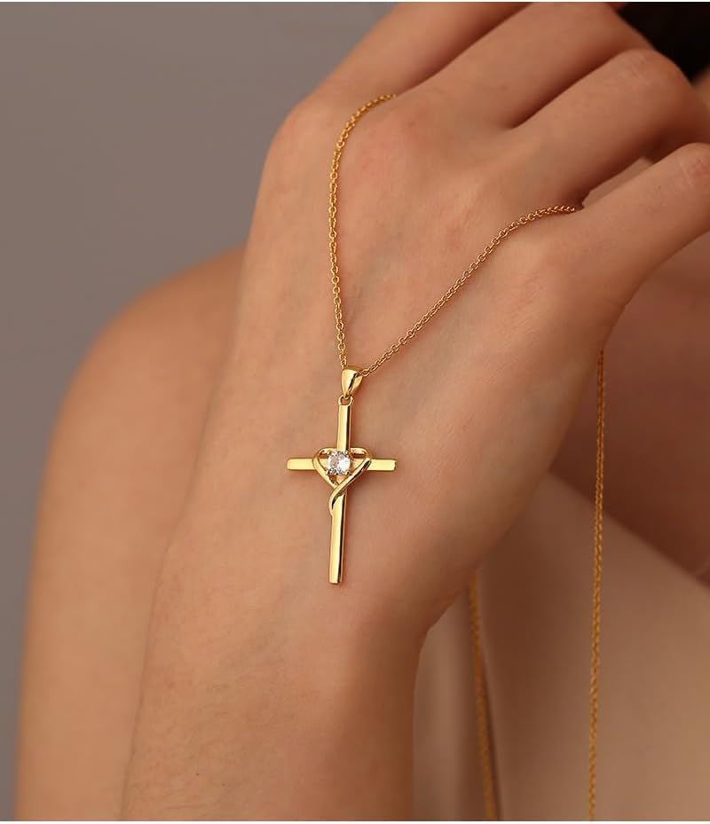 Cross Necklace for Woman,18K Gold Plated Cross Shaped Diamond Embellished Pendant Religious Necklace Christian Jewelry Chain 45 Cm/17.71 Inches