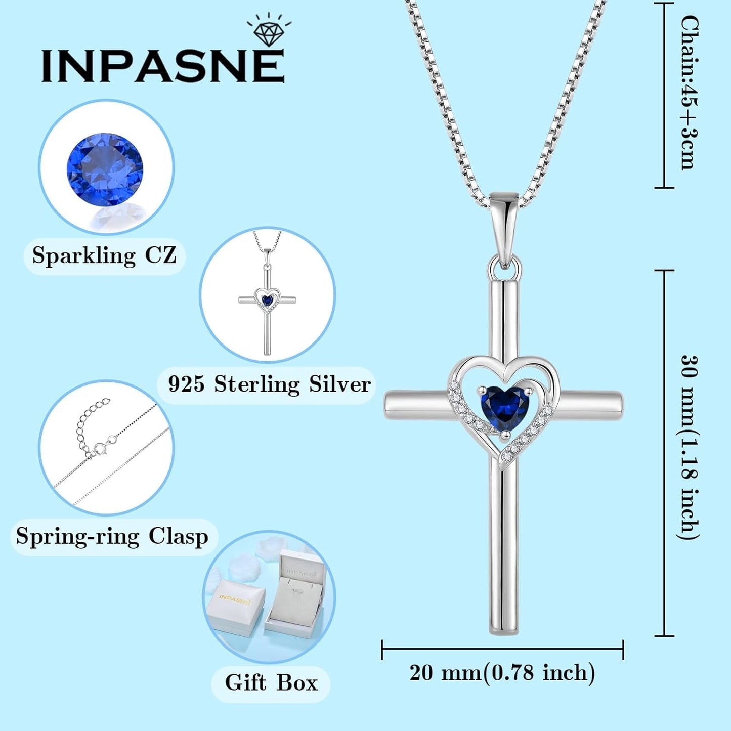 Cross Necklace for Women 925 Sterling Silver Heart Birthstone Pendant Necklace Crucifix Religious Gemstone Jewelry Gift for Women Her Mom Wife Girlfriend Daughter