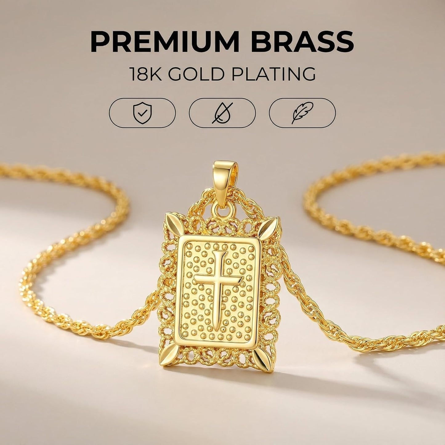 Cross Pendant Necklace for Women Men, 14K Gold/Silver Plated Square Faith Christian Figaro Chain Religious Jewelry Gift for Christian