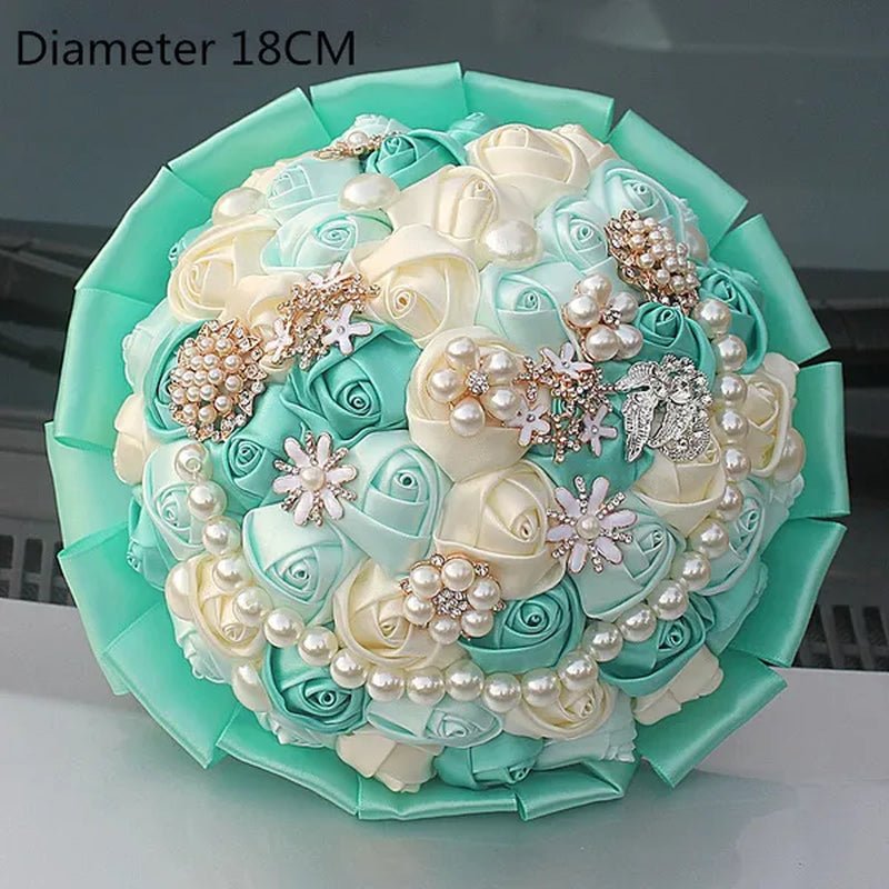 Customizable Mixed Color Silk Rose Wedding Bouquet Fine Pearl Diamond Brooch Bride Holding Flowers Artificial Wedding Flower Bridesmaid Bouquet 4Size