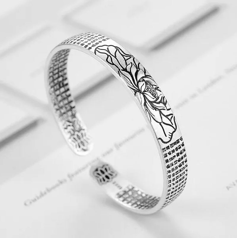 Vintage 925 Sterling Silver Amulet Buddha Lotus Baltic Buddhist Scriptures Thai Silver Cuff Bracelets & Bangles